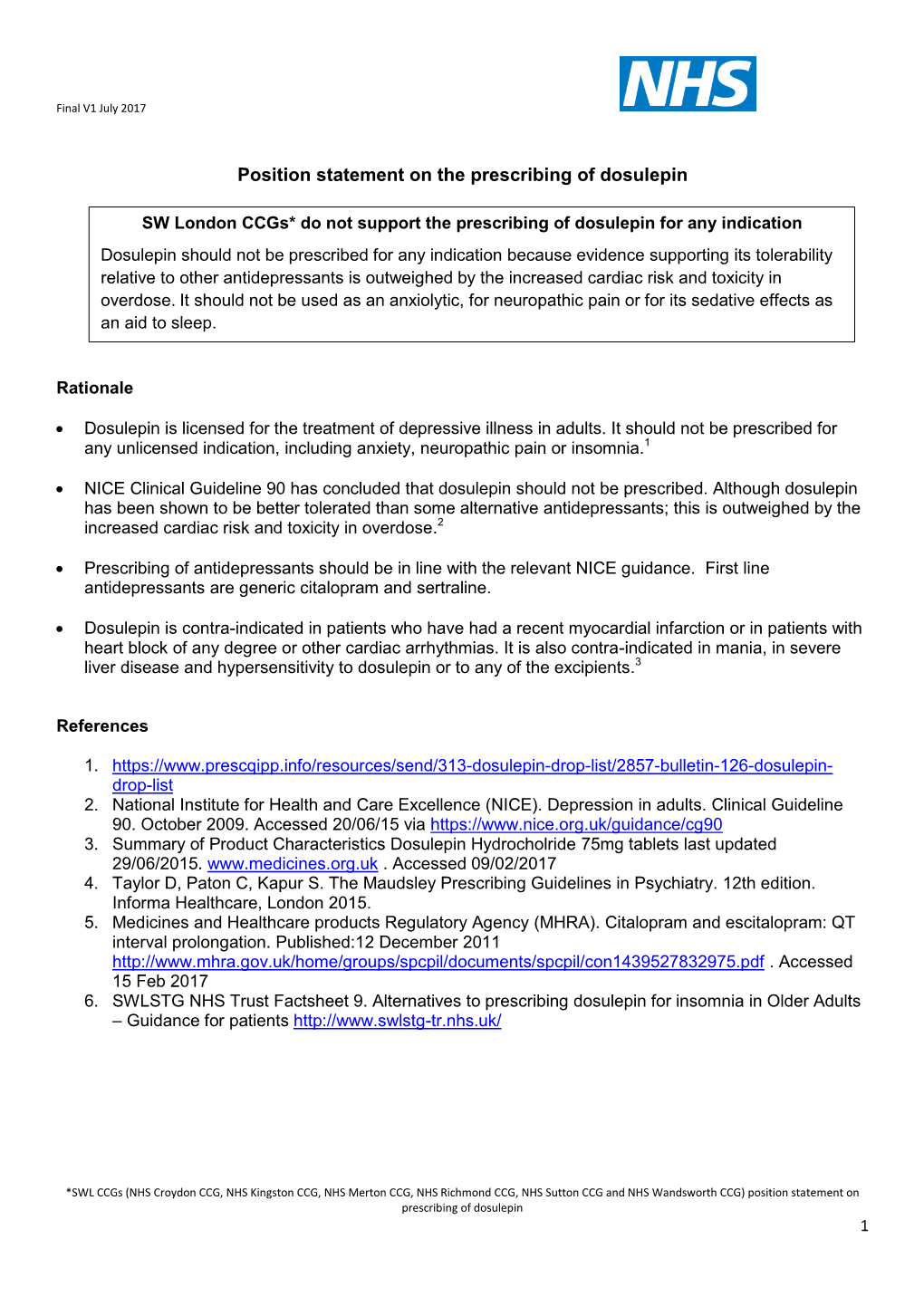 Position Statement on the Prescribing of Dosulepin