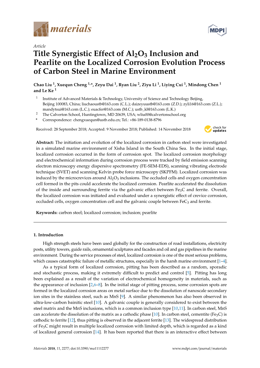 Title Synergistic Effect of Al2o3 Inclusion and Pearlite on the Localized Corrosion Evolution Process of Carbon Steel in Marine Environment