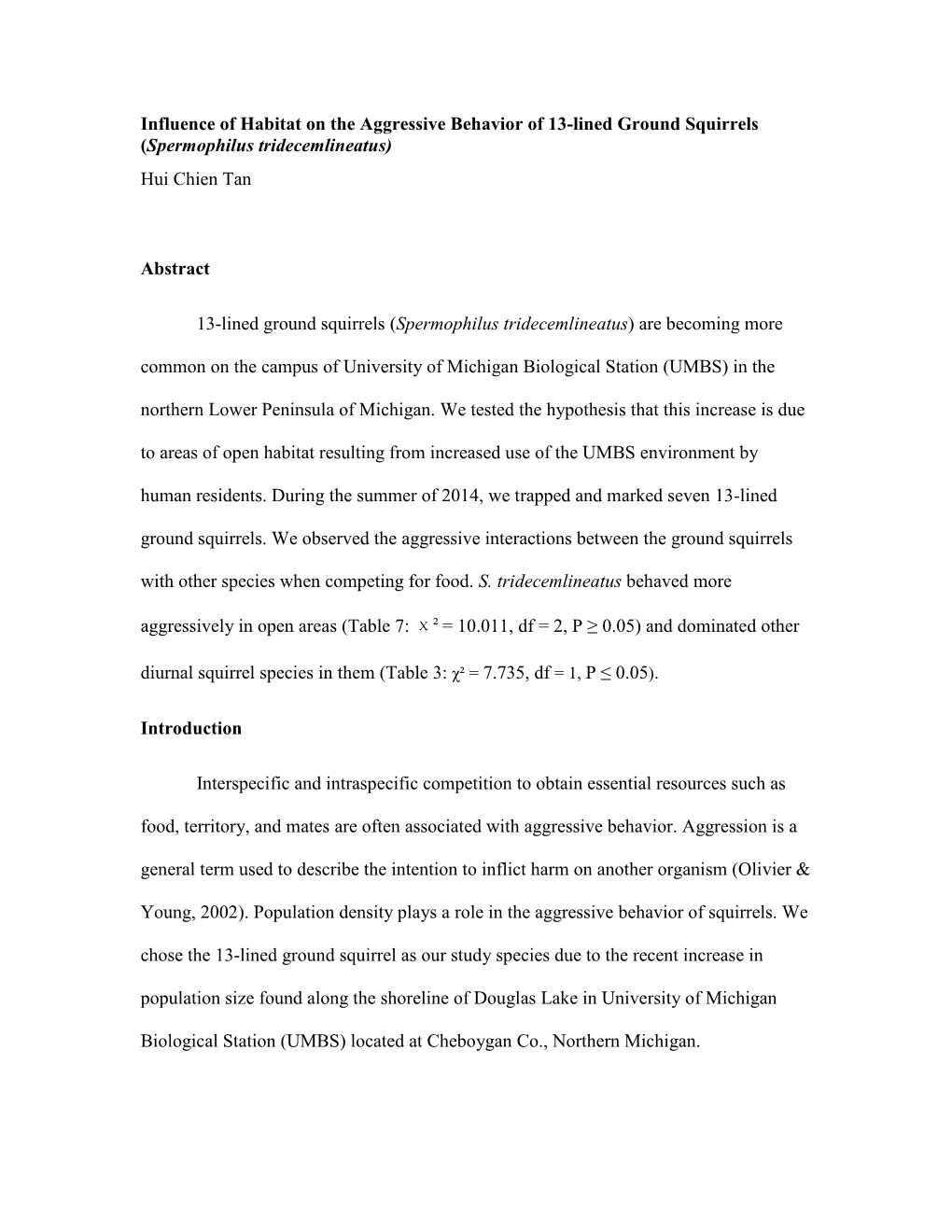 Influence of Habitat on the Aggressive Behavior of 13-Lined Ground Squirrels (Spermophilus Tridecemlineatus) Hui Chien Tan