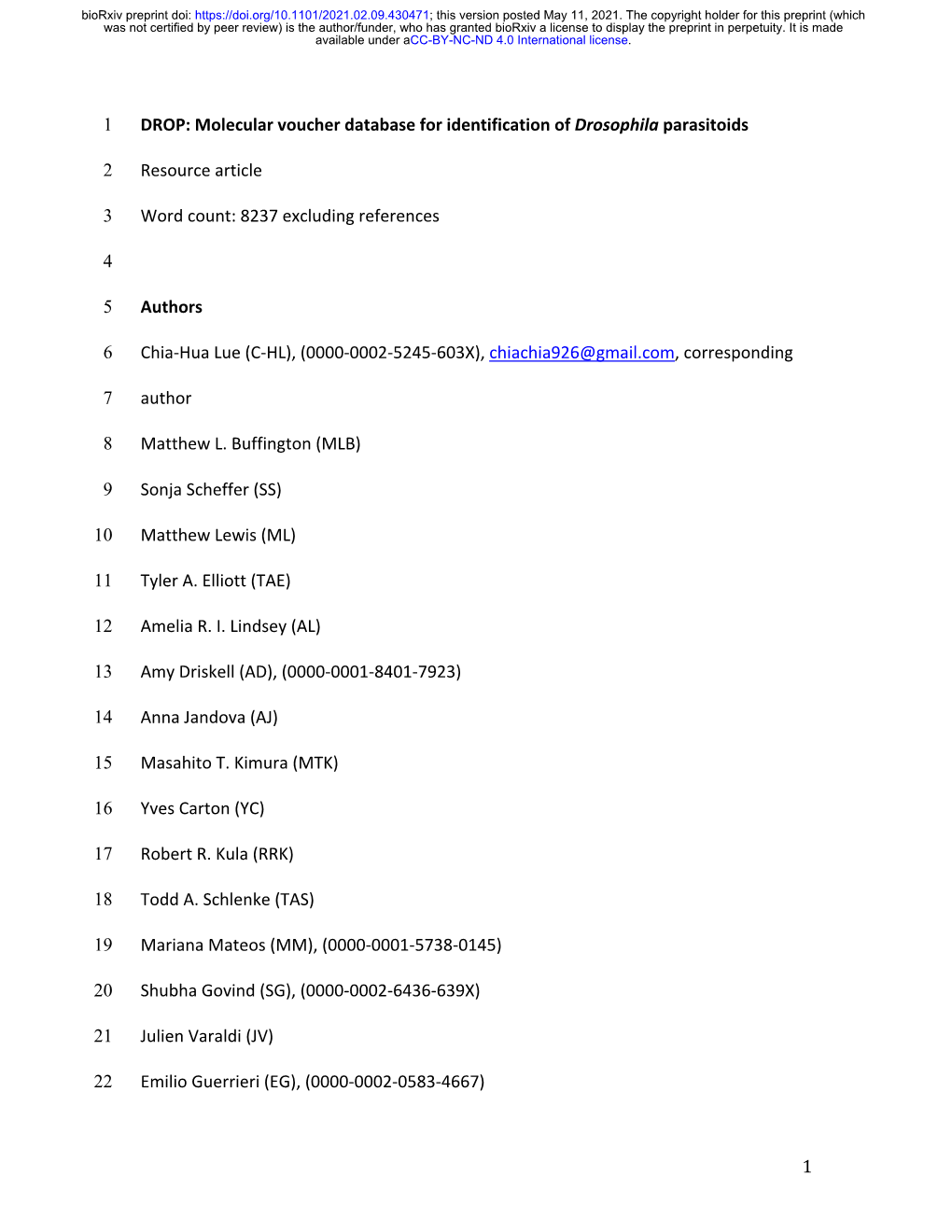 Molecular Voucher Database for Identification of Drosophila Parasitoids