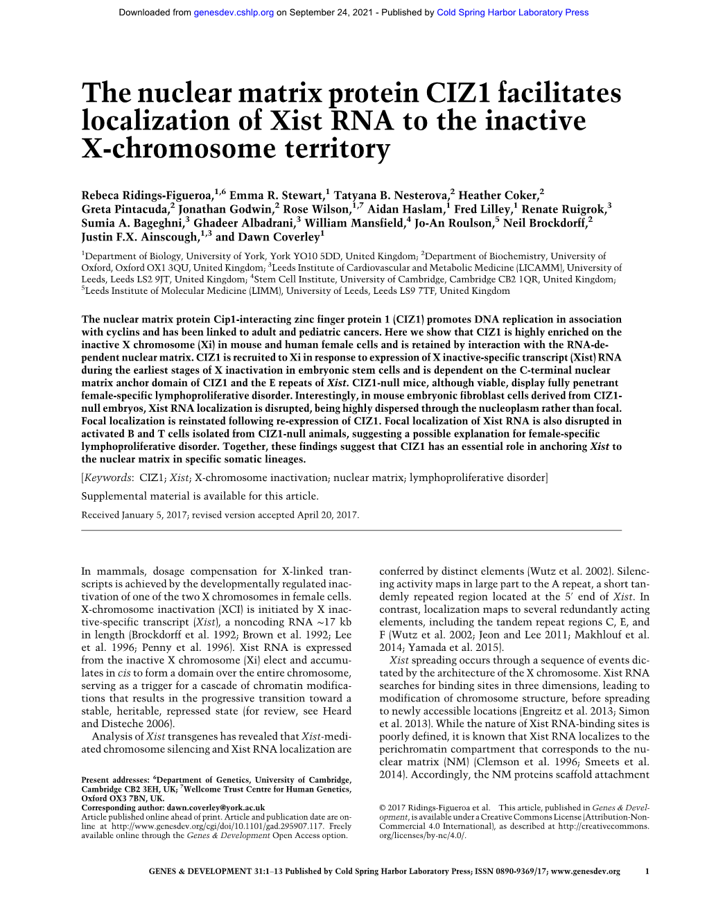 The Nuclear Matrix Protein CIZ1 Facilitates Localization of Xist RNA to the Inactive X-Chromosome Territory