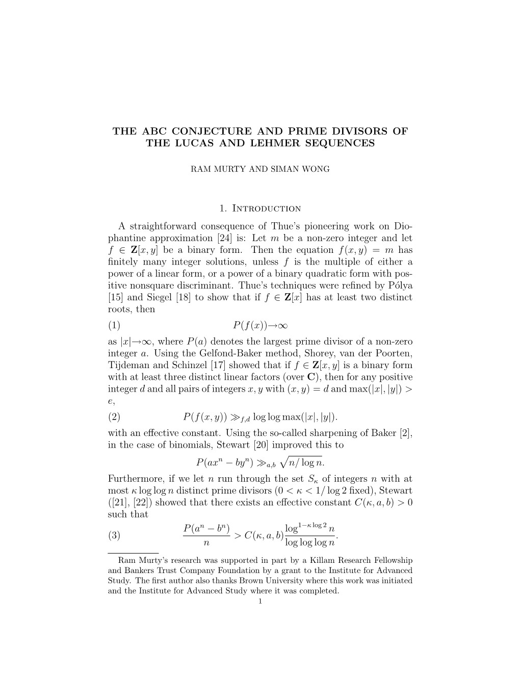 The Abc Conjecture and Prime Divisors of the Lucas and Lehmer Sequences