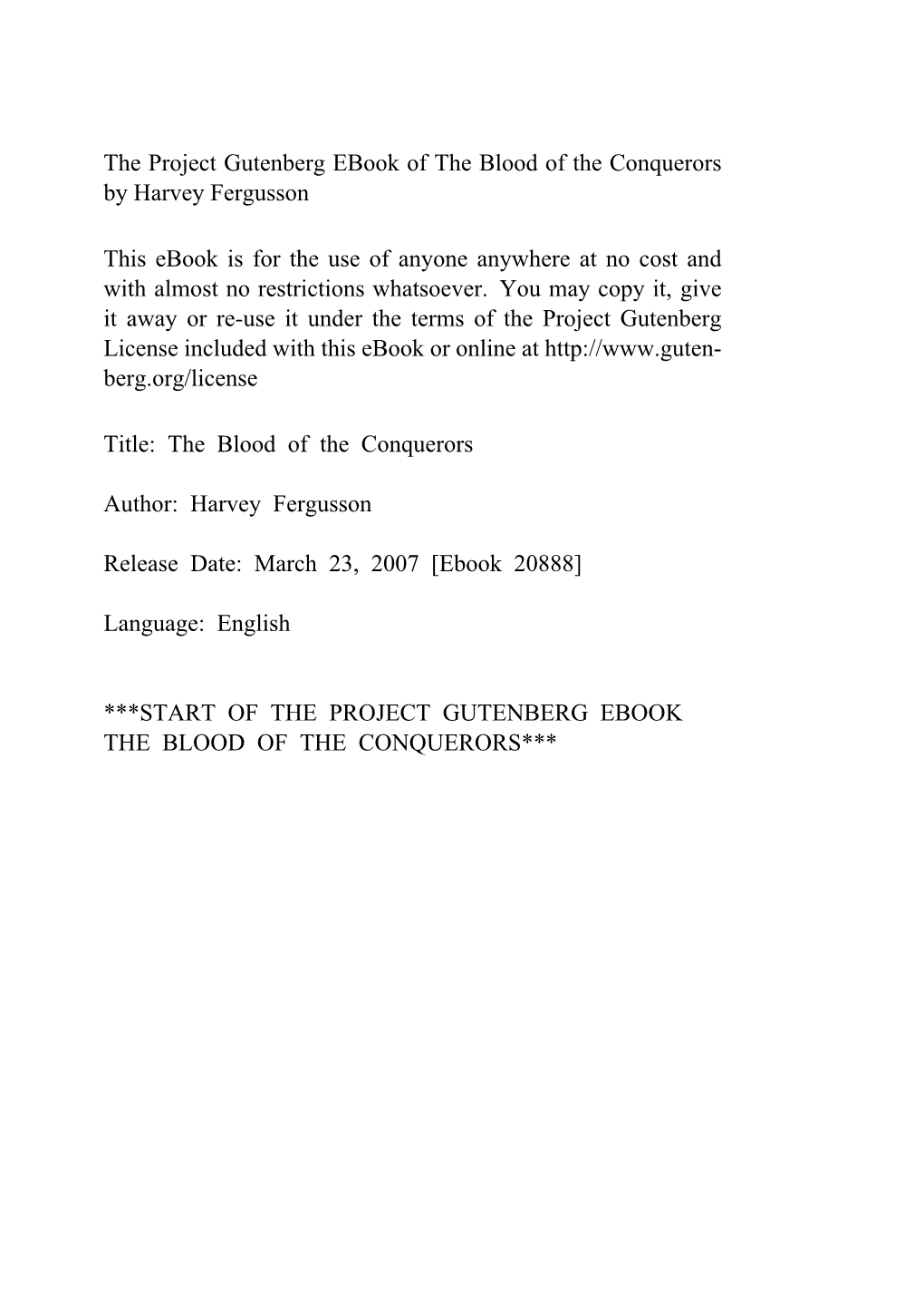 The Blood of the Conquerors by Harvey Fergusson