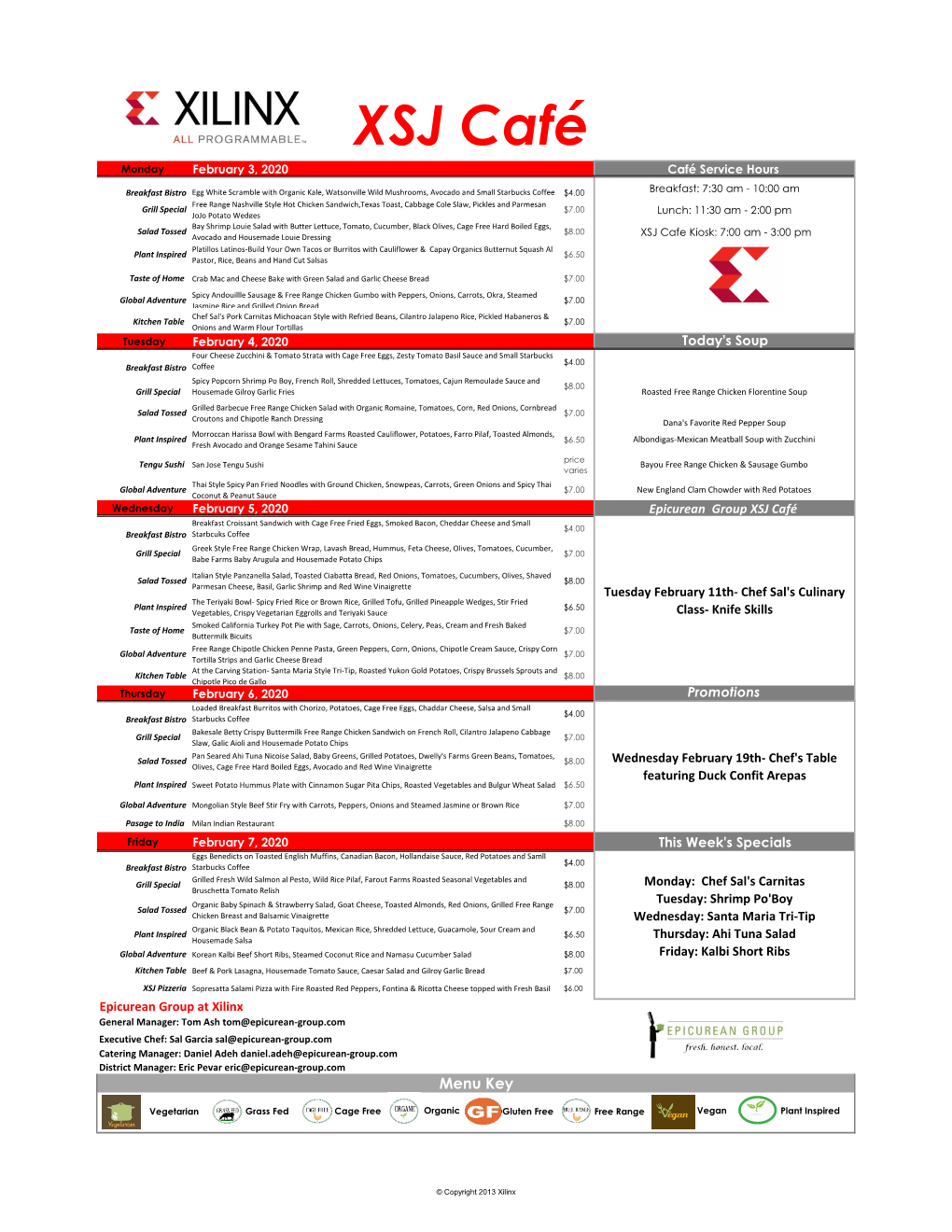 XSJ Café Monday February 3, 2020 Café Service Hours