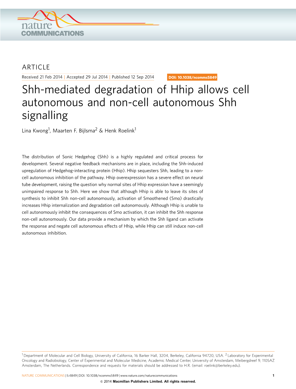 Shh-Mediated Degradation of Hhip Allows Cell Autonomous and Non-Cell Autonomous Shh Signalling