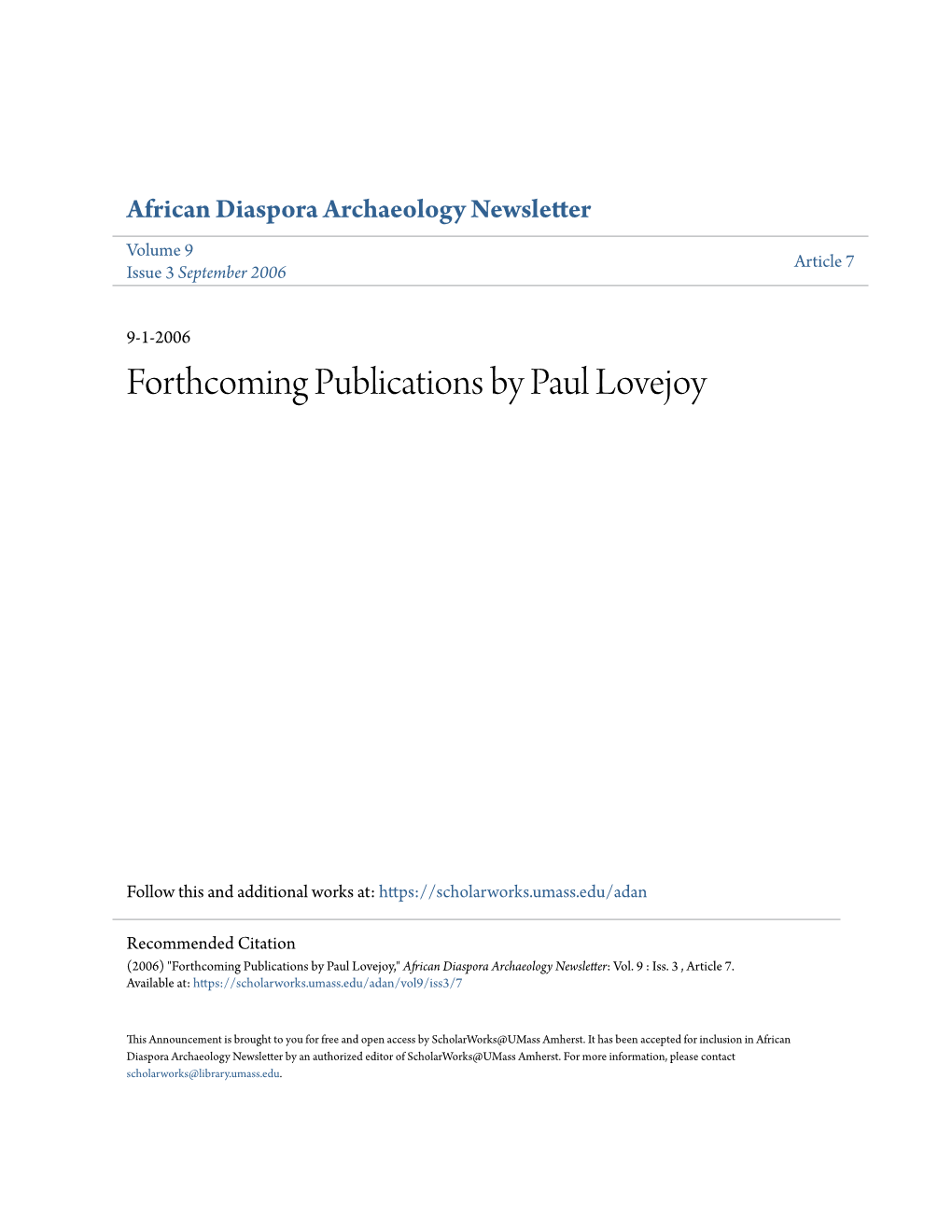 Forthcoming Publications by Paul Lovejoy