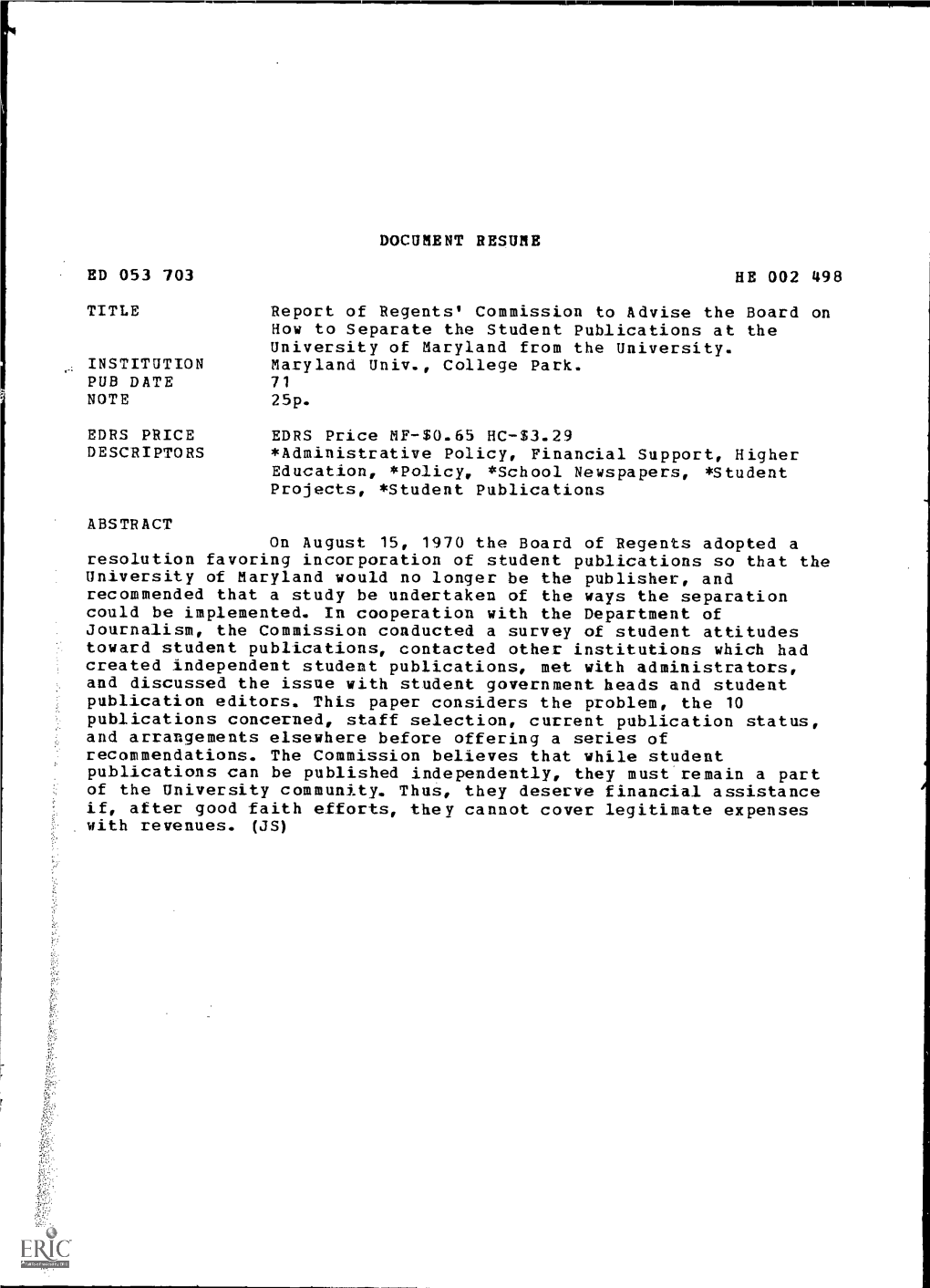 DOCUMENT RESUME ED 053 703 HE 002 498 Report of Regents