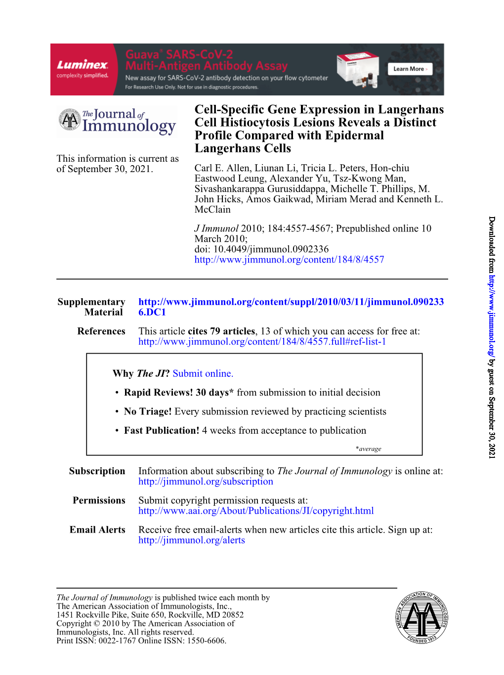 Langerhans Cells Profile Compared with Epidermal Cell Histiocytosis Lesions Reveals a Distinct Cell-Specific Gene Expression In