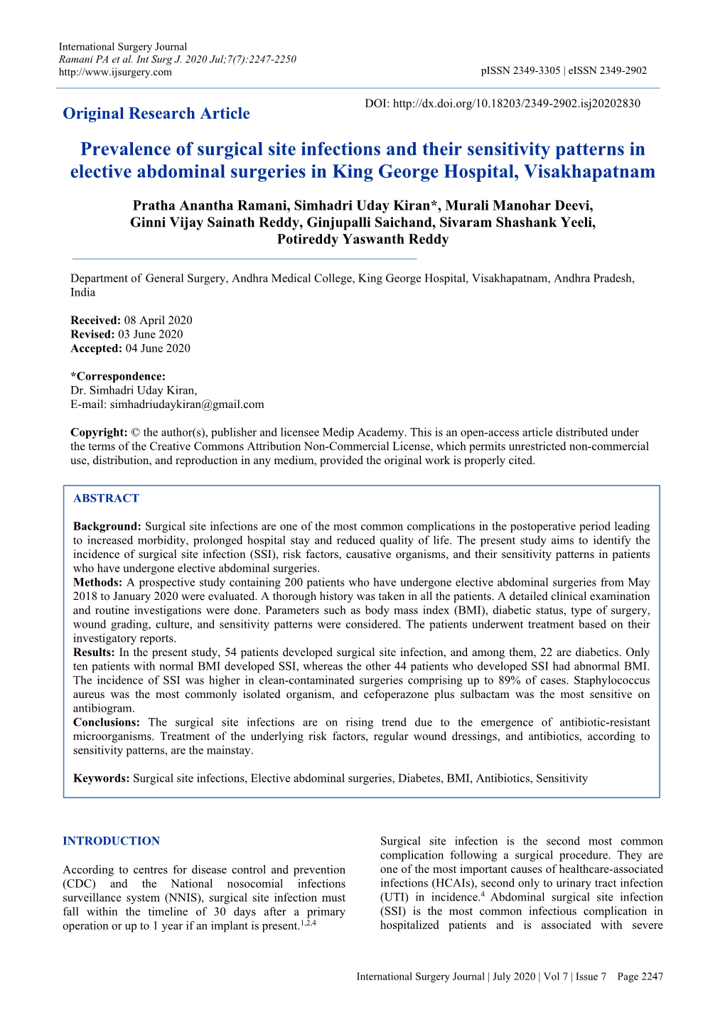 Prevalence of Surgical Site Infections and Their Sensitivity Patterns in Elective Abdominal Surgeries in King George Hospital, Visakhapatnam