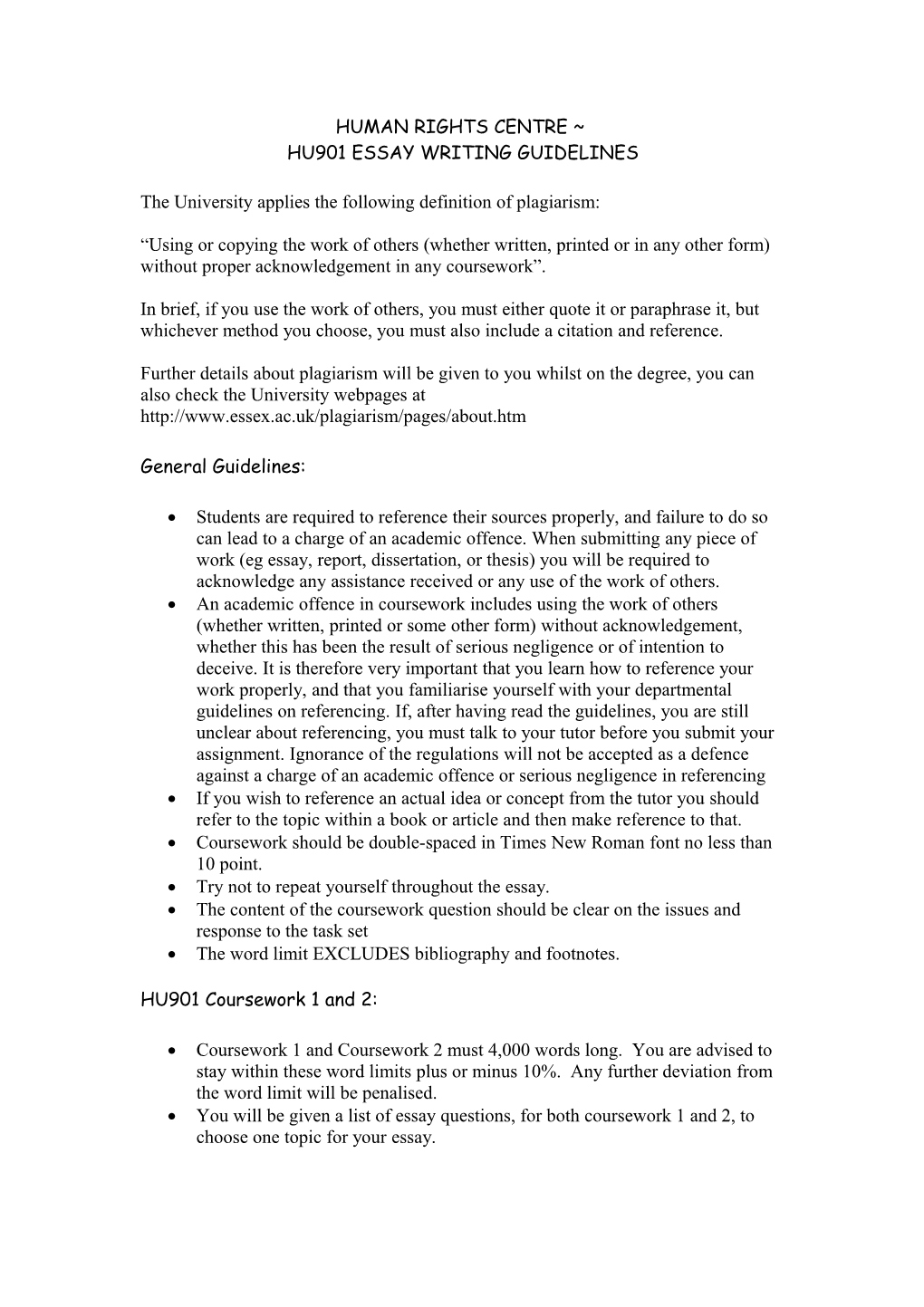 Human Rights Centre Undergraduate Essay Writing Guidelines