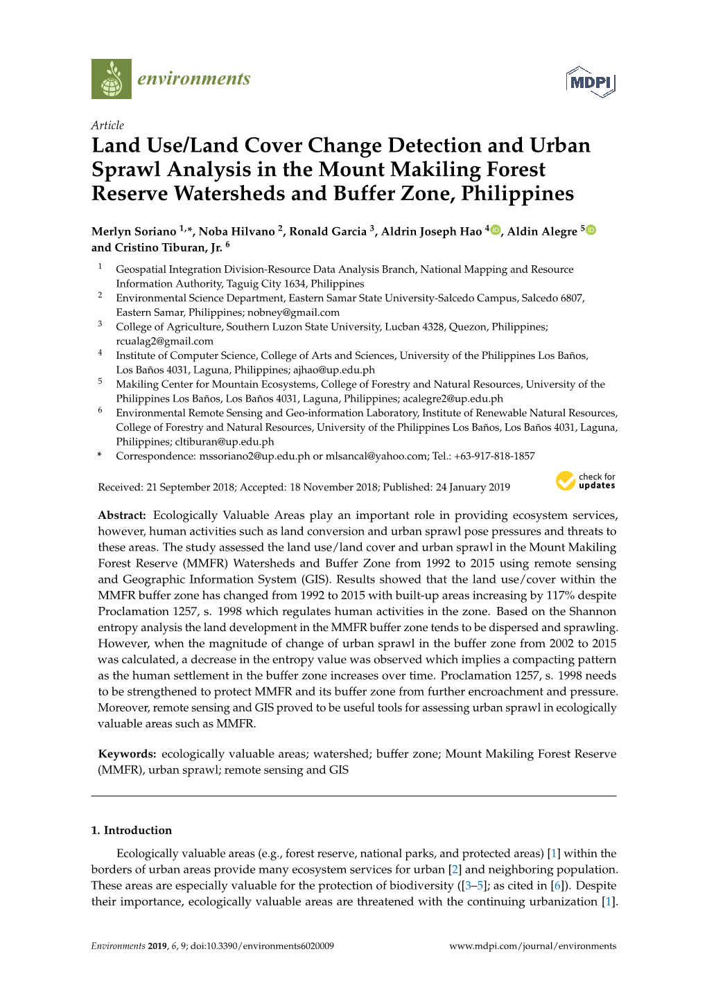 Land Use/Land Cover Change Detection and Urban Sprawl Analysis in the Mount Makiling Forest Reserve Watersheds and Buffer Zone, Philippines