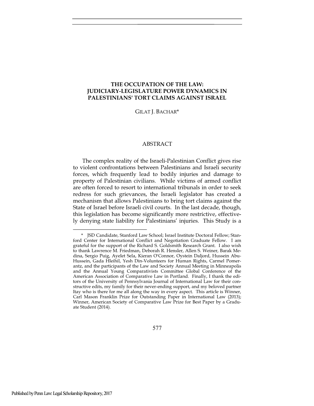 The Occupation of the Law: Judiciary-Legislature Power Dynamics in Palestinians' Tort Claims Against Israel