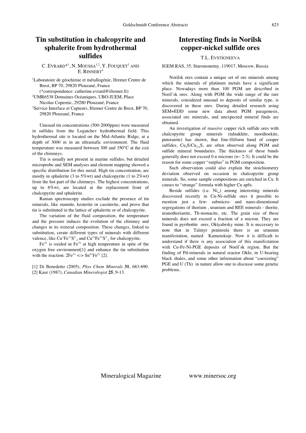 Tin Substitution in Chalcopyrite and Sphalerite from Hydrothermal