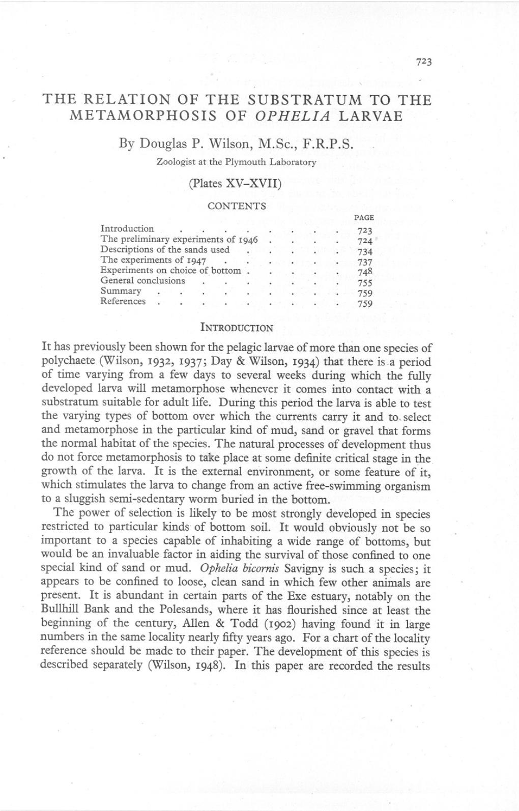 The Relation of the Substratum to the Metamorphosis of Ophelia Larvae