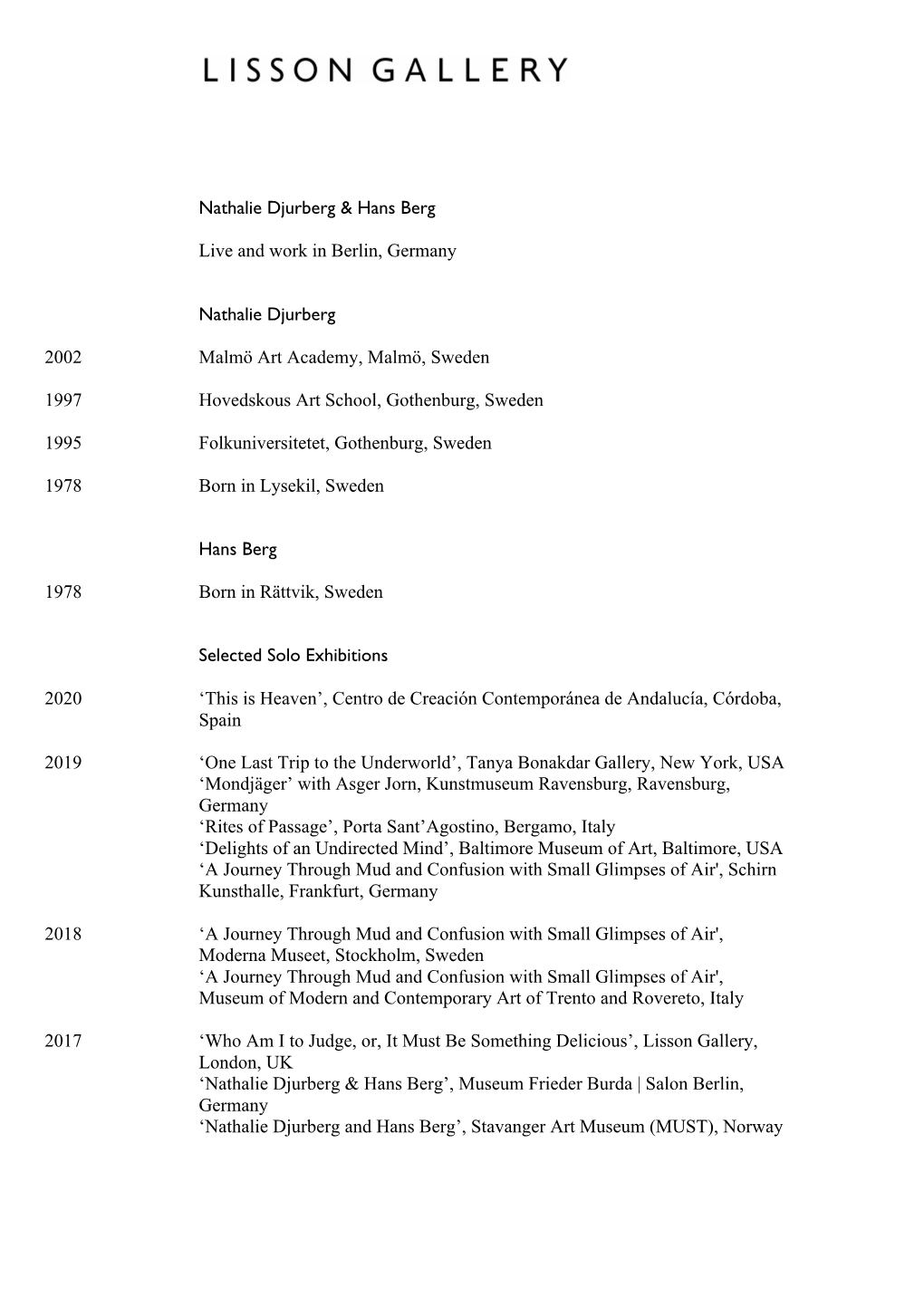 Nathalie Djurberg Hans Berg CV