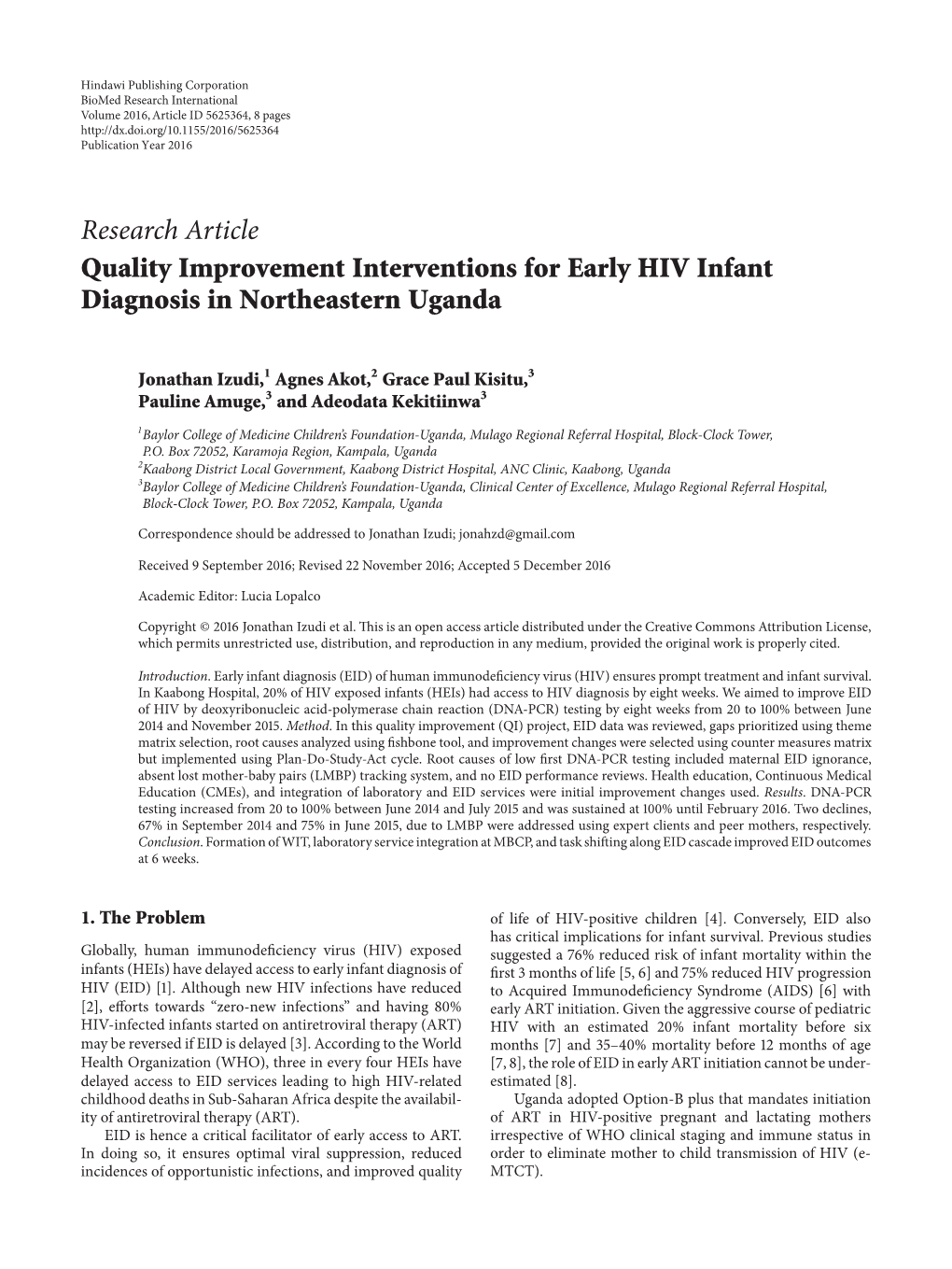 Research Article Quality Improvement Interventions for Early HIV Infant Diagnosis in Northeastern Uganda