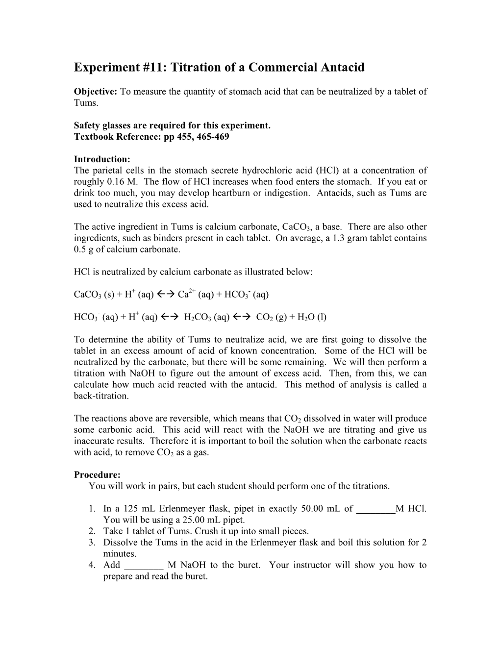 Experiment # 11 Titration of a Commercial Antacid