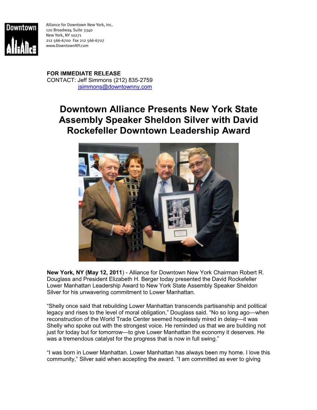 Downtown Alliance Presents New York State Assembly Speaker Sheldon Silver with David Rockefeller Downtown Leadership Award
