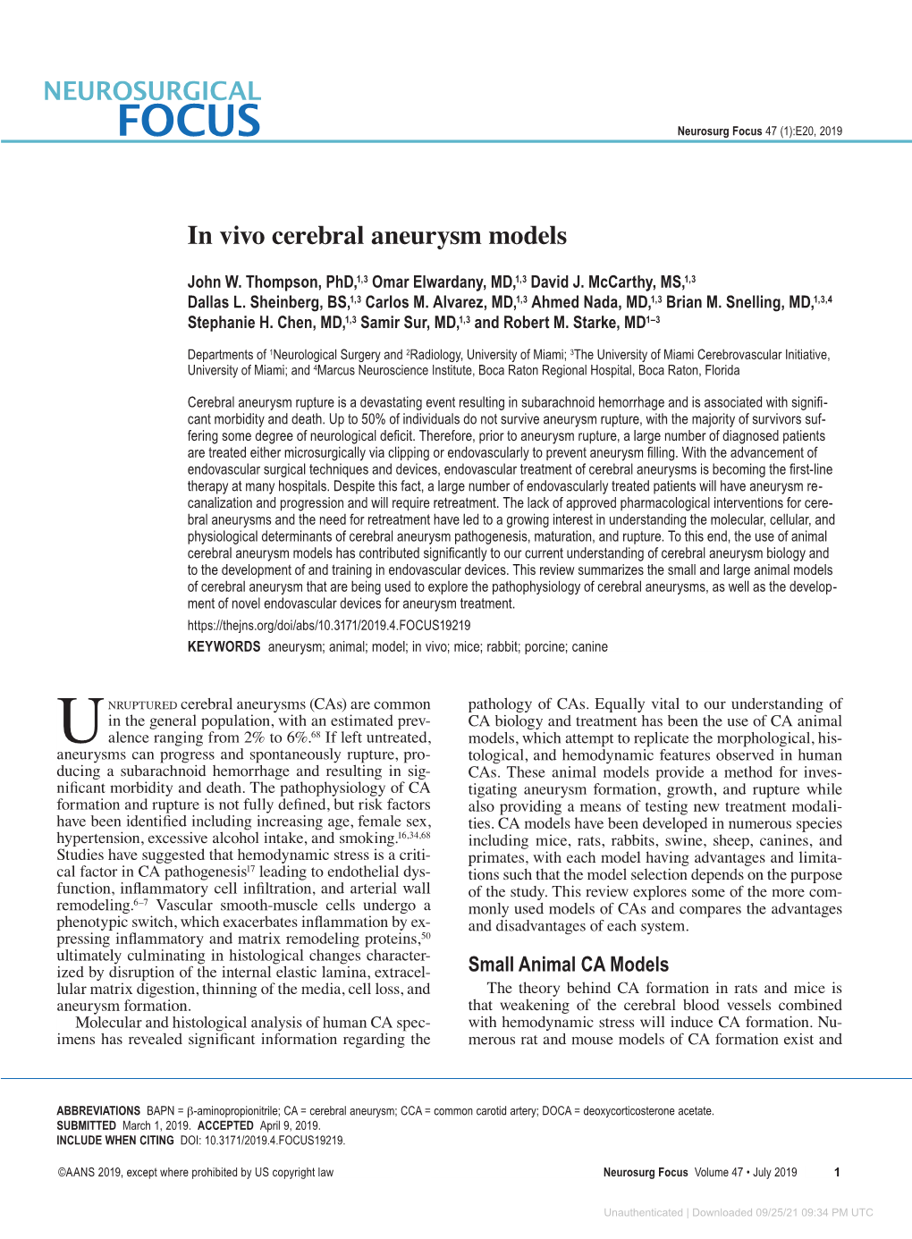 In Vivo Cerebral Aneurysm Models