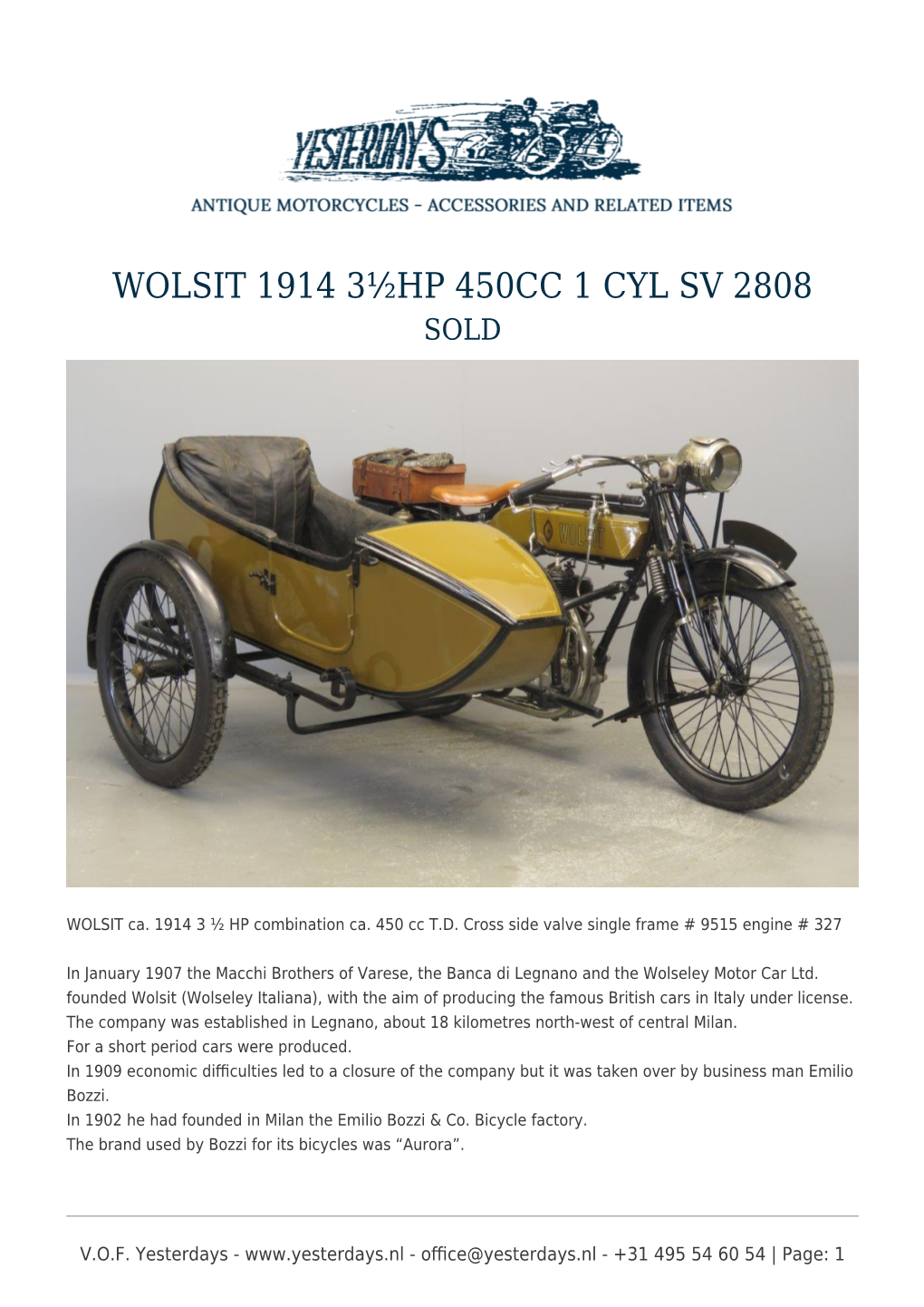 Wolsit 1914 3½Hp 450Cc 1 Cyl Sv 2808 Sold