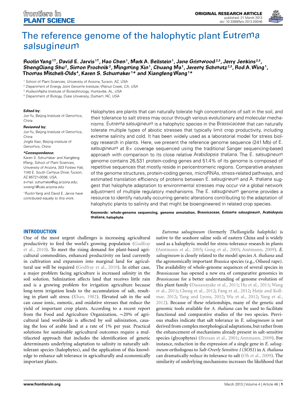 The Reference Genome of the Halophytic Plant Eutrema Salsugineum