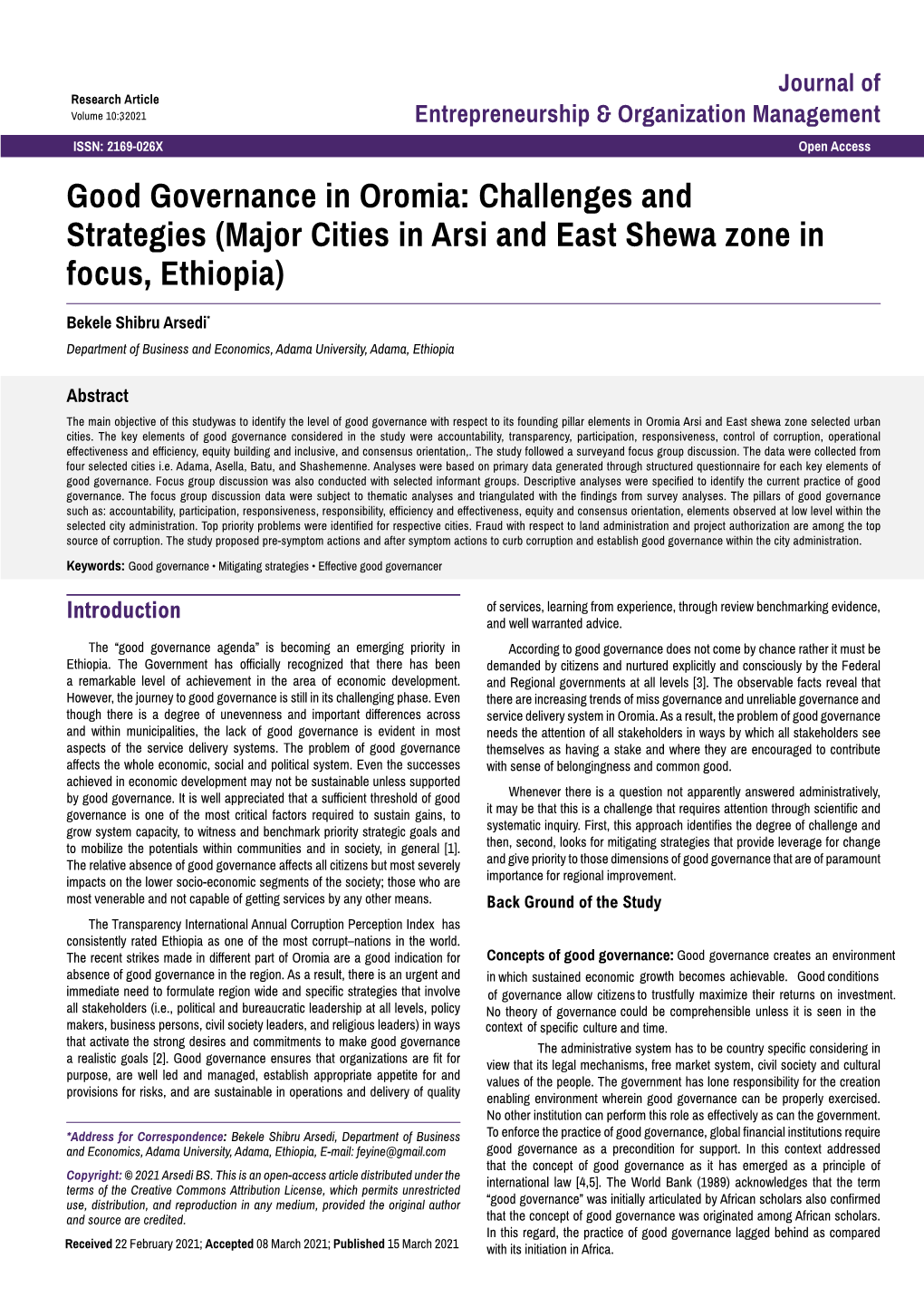 Good Governance in Oromia: Challenges and Strategies (Major Cities in Arsi and East Shewa Zone in Focus, Ethiopia)