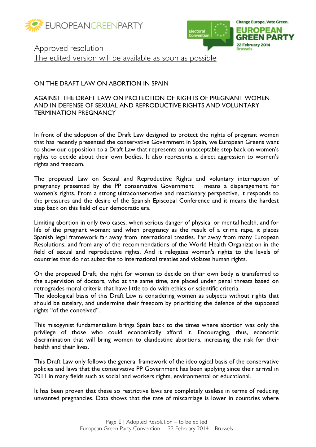 Adopted Resolution on the Draft Law on Abortion in Spain