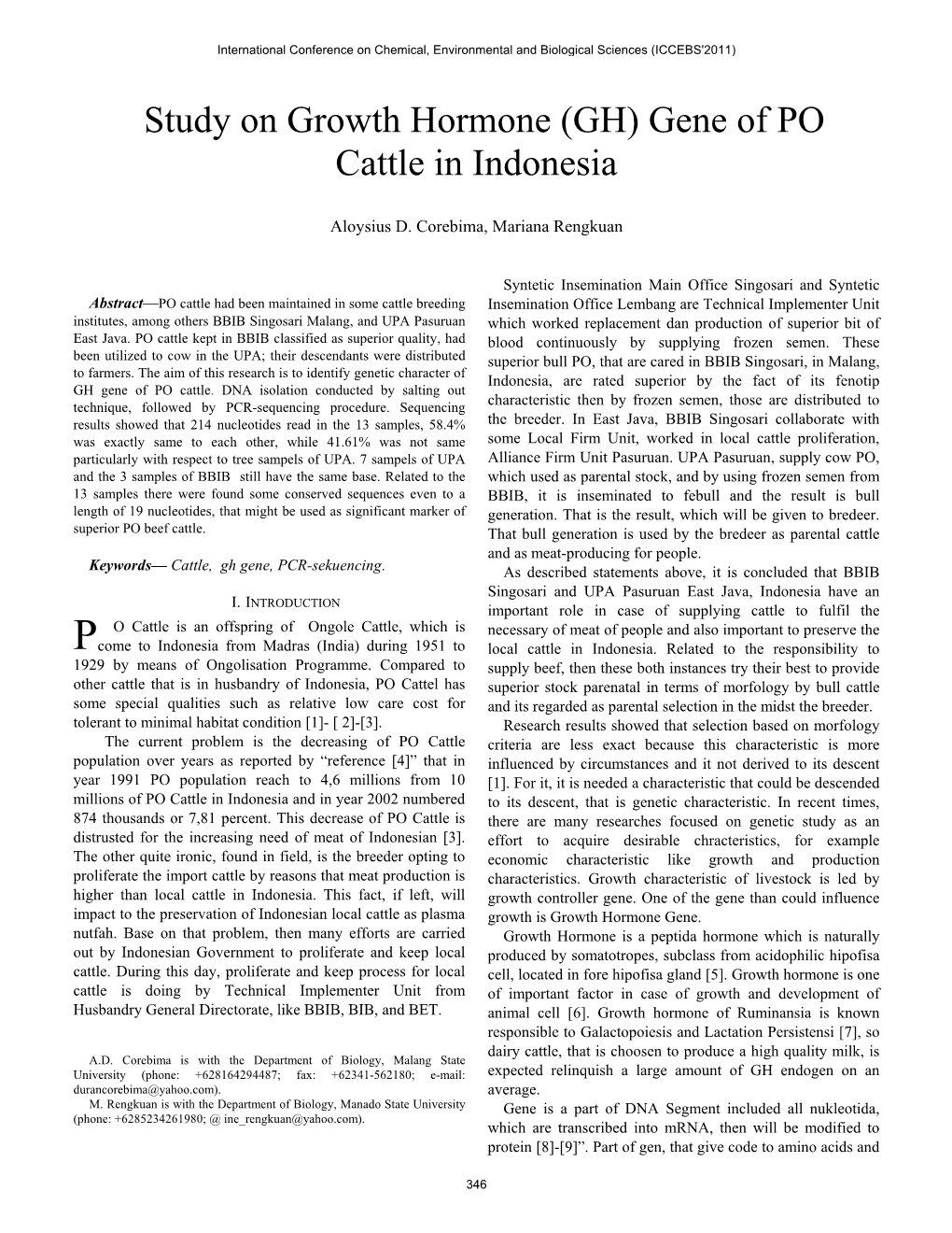 Study on Growth Hormone (GH) Gene of PO Cattle in Indonesia