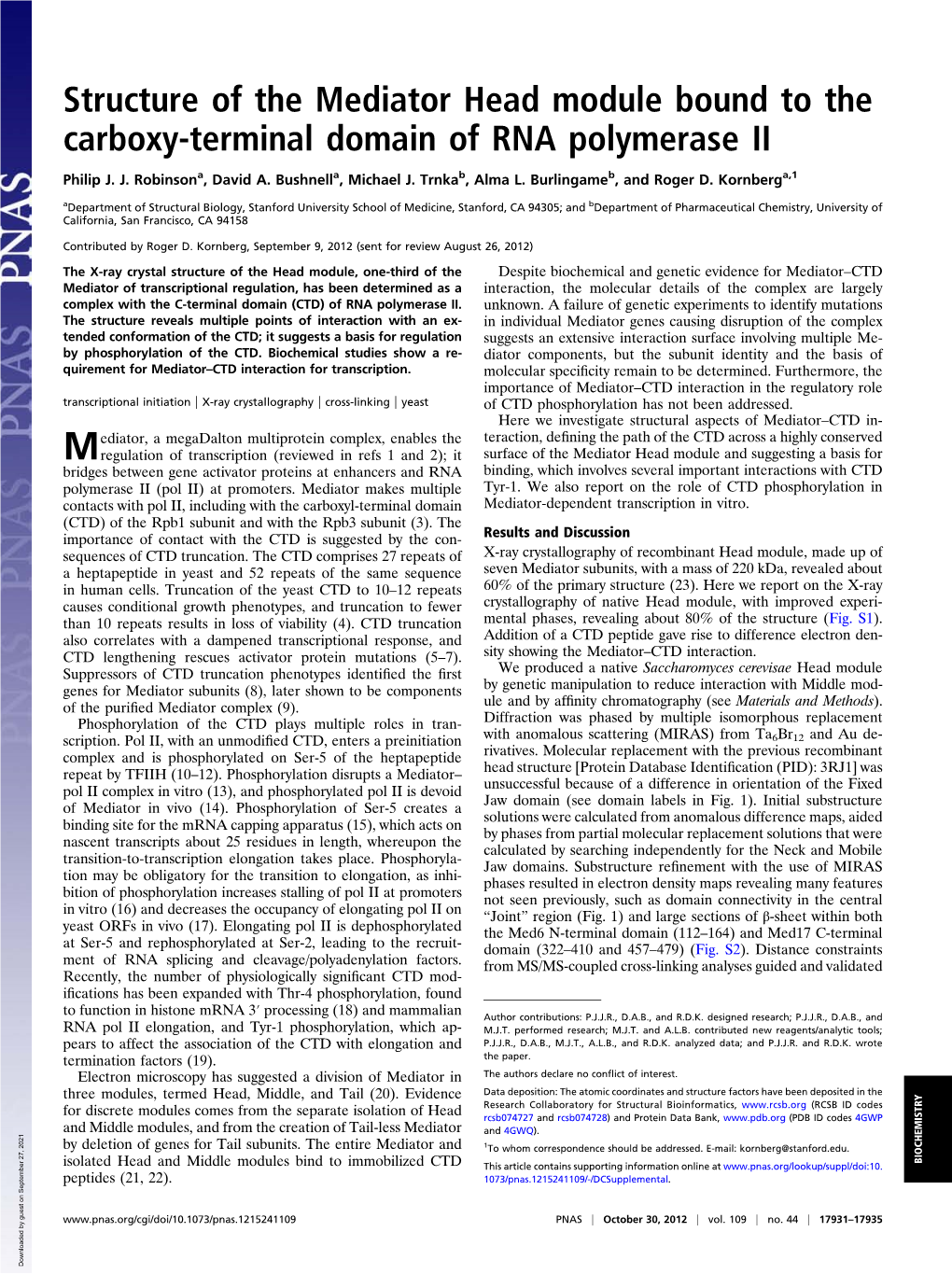 Structure of the Mediator Head Module Bound to the Carboxy-Terminal Domain of RNA Polymerase II