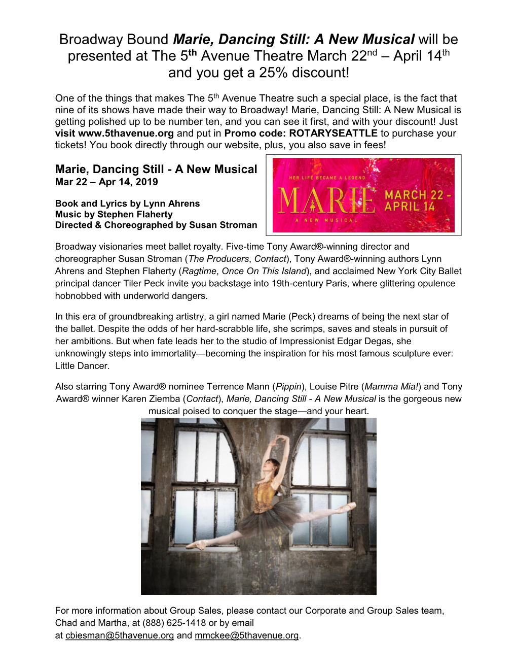 Broadway Bound Marie, Dancing Still: a New Musical Will Be Presented at the 5Th Avenue Theatre March 22Nd – April 14Th and You Get a 25% Discount!