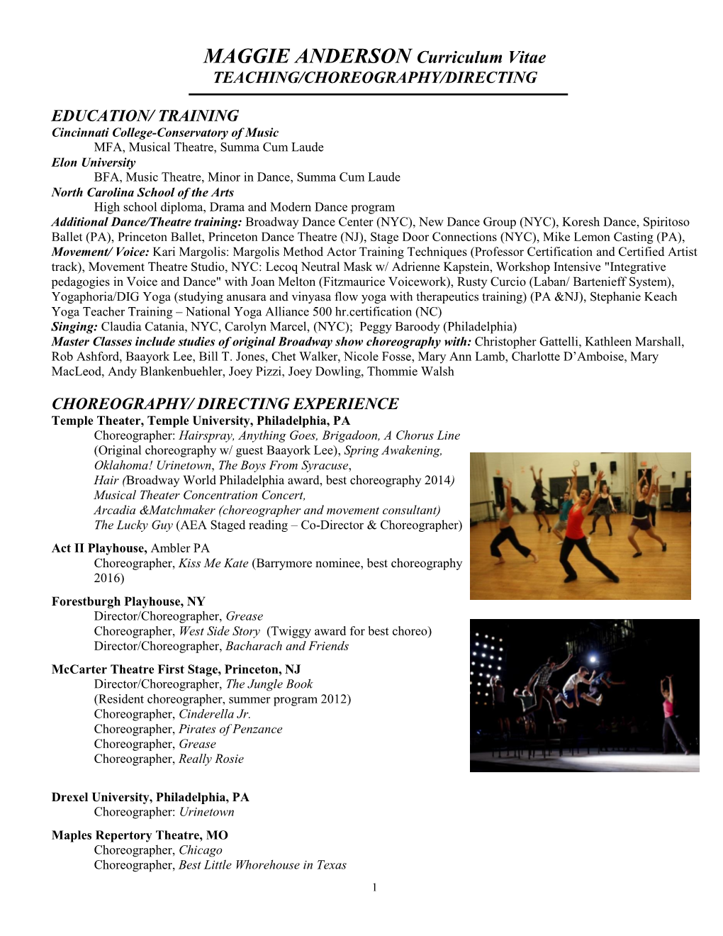 MAGGIE ANDERSON Curriculum Vitae TEACHING/CHOREOGRAPHY/DIRECTING