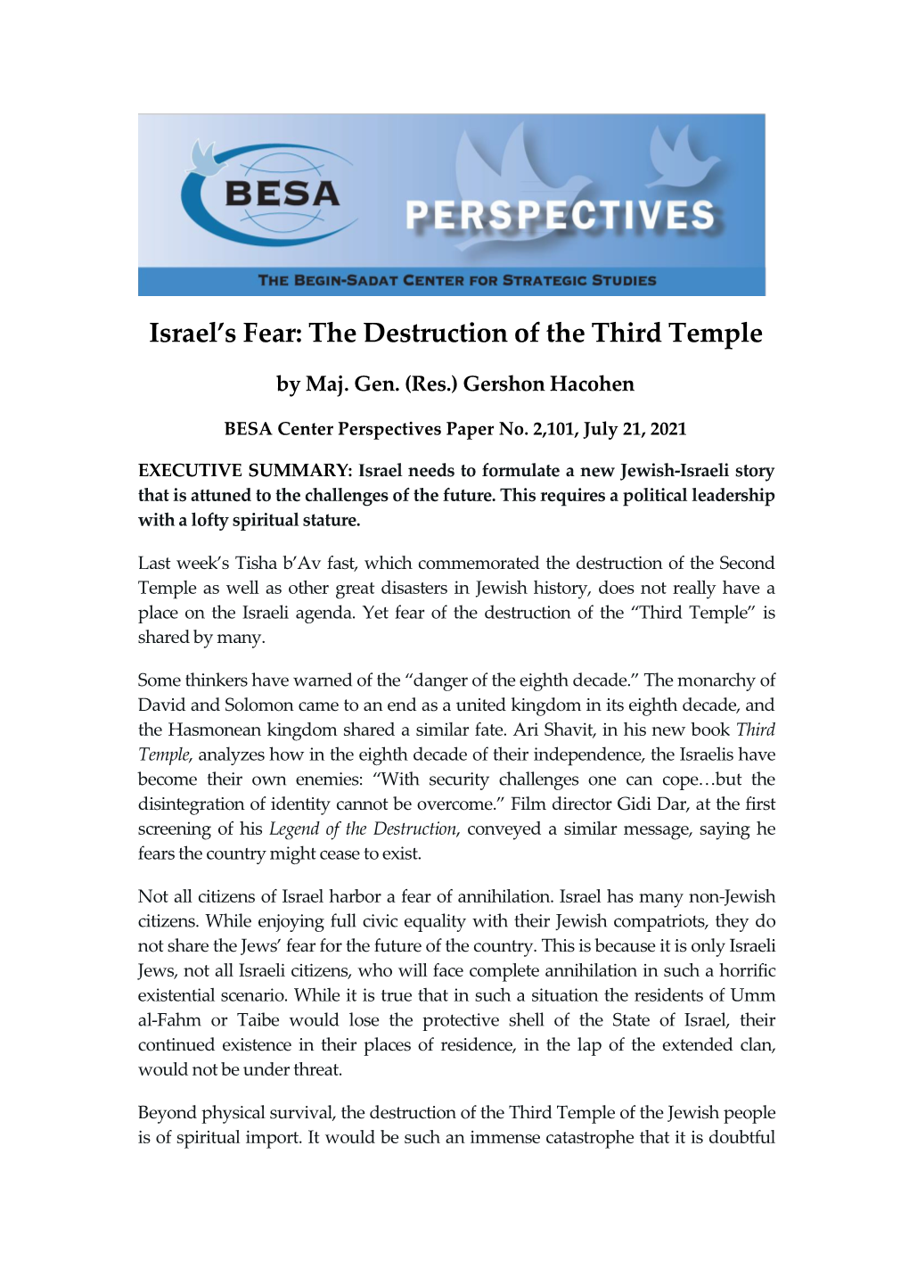 Israel's Fear: the Destruction of the Third Temple