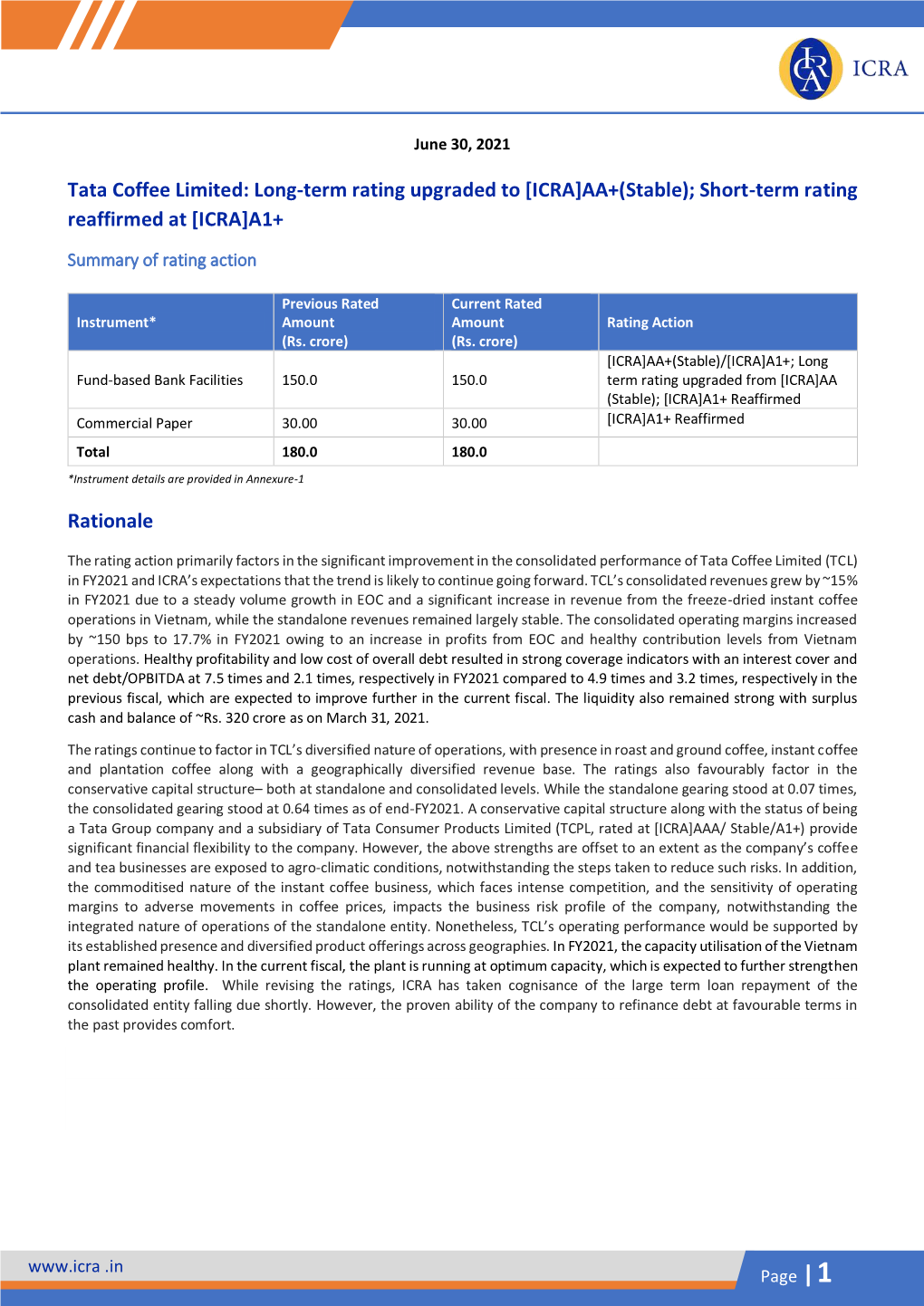 Tata Coffee Limited: Long-Term Rating Upgraded to [ICRA]AA+(Stable); Short-Term Rating Reaffirmed at [ICRA]A1+