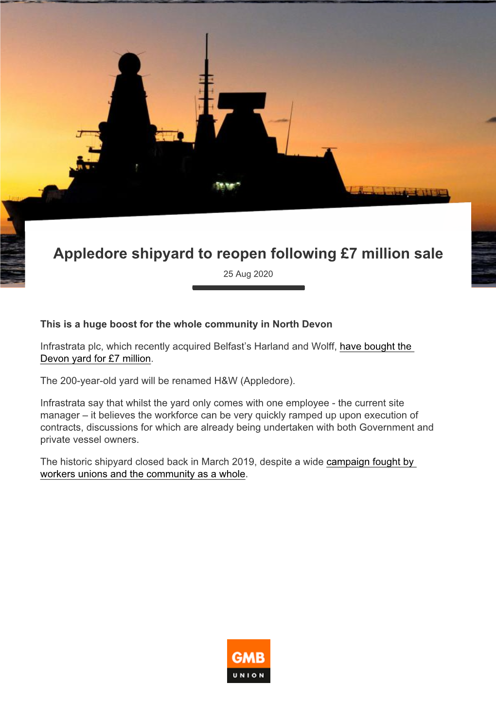 Appledore Shipyard to Reopen Following £7 Million Sale 25 Aug 2020