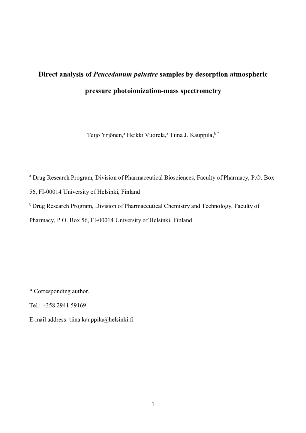 Direct Analysis of Peucedanum Palustre Samples by Desorption Atmospheric Pressure Photoionization-Mass Spectrometry