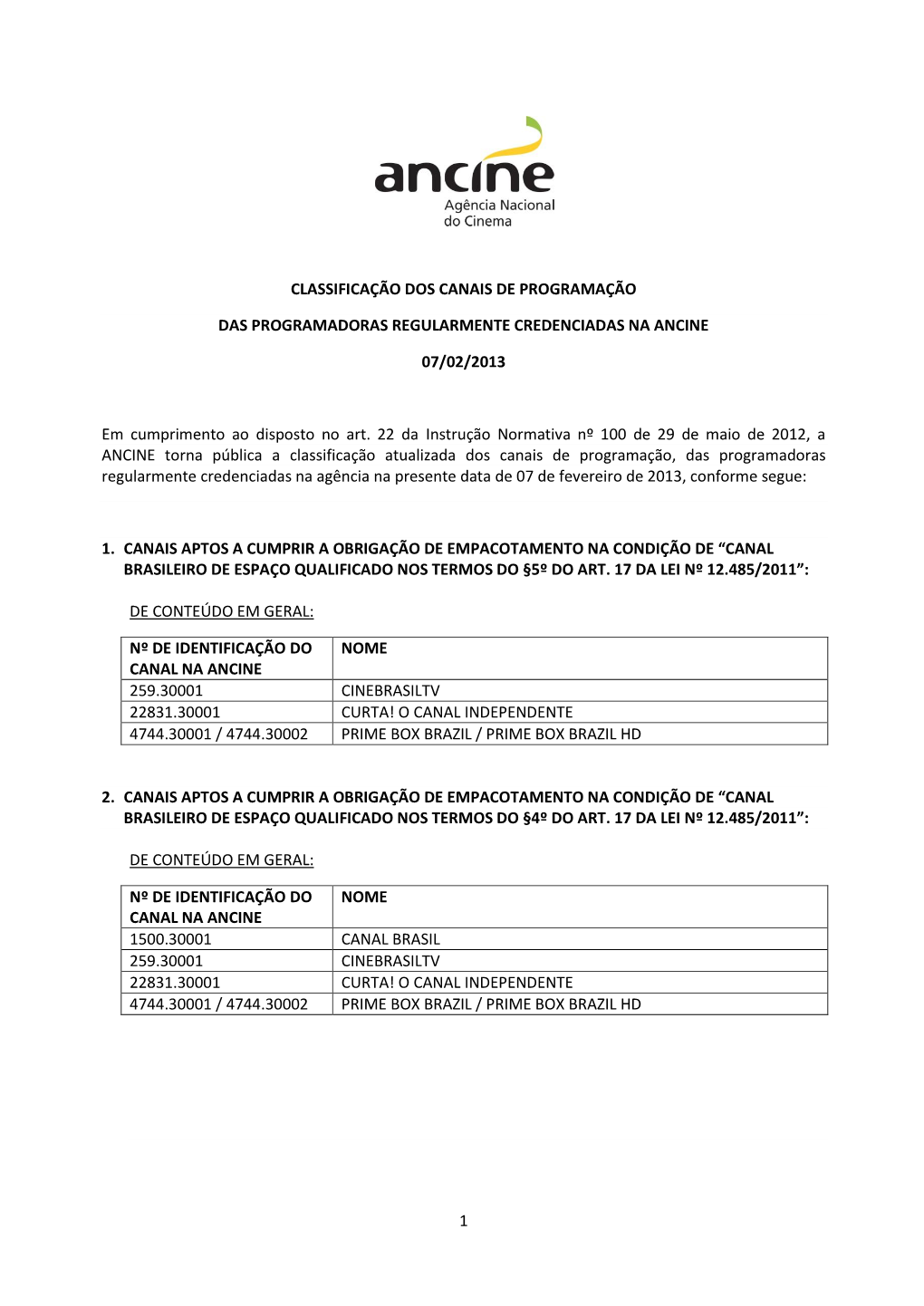 1 CLASSIFICAÇÃO DOS CANAIS DE PROGRAMAÇÃO DAS PROGRAMADORAS REGULARMENTE CREDENCIADAS NA ANCINE 07/02/2013 Em Cumprimento A