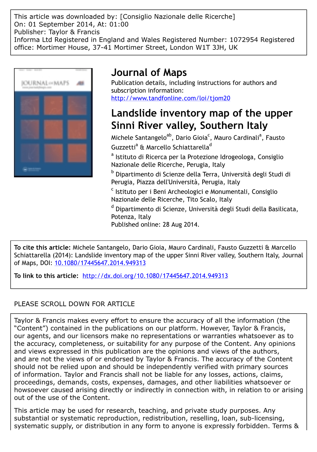 Landslide Inventory Map of the Upper Sinni River Valley, Southern Italy†