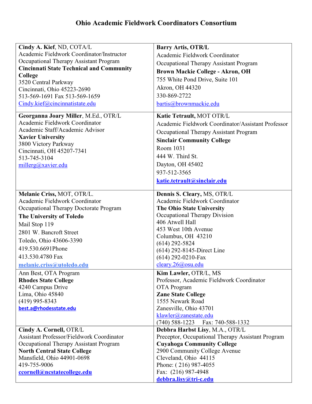 Ohio Academic Fieldwork Coordinators Consortium