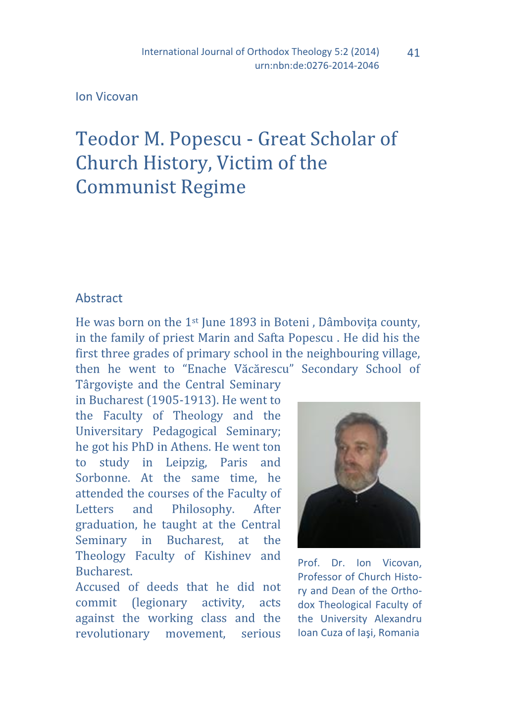 Teodor M. Popescu - Great Scholar of Church History, Victim of the Communist Regime