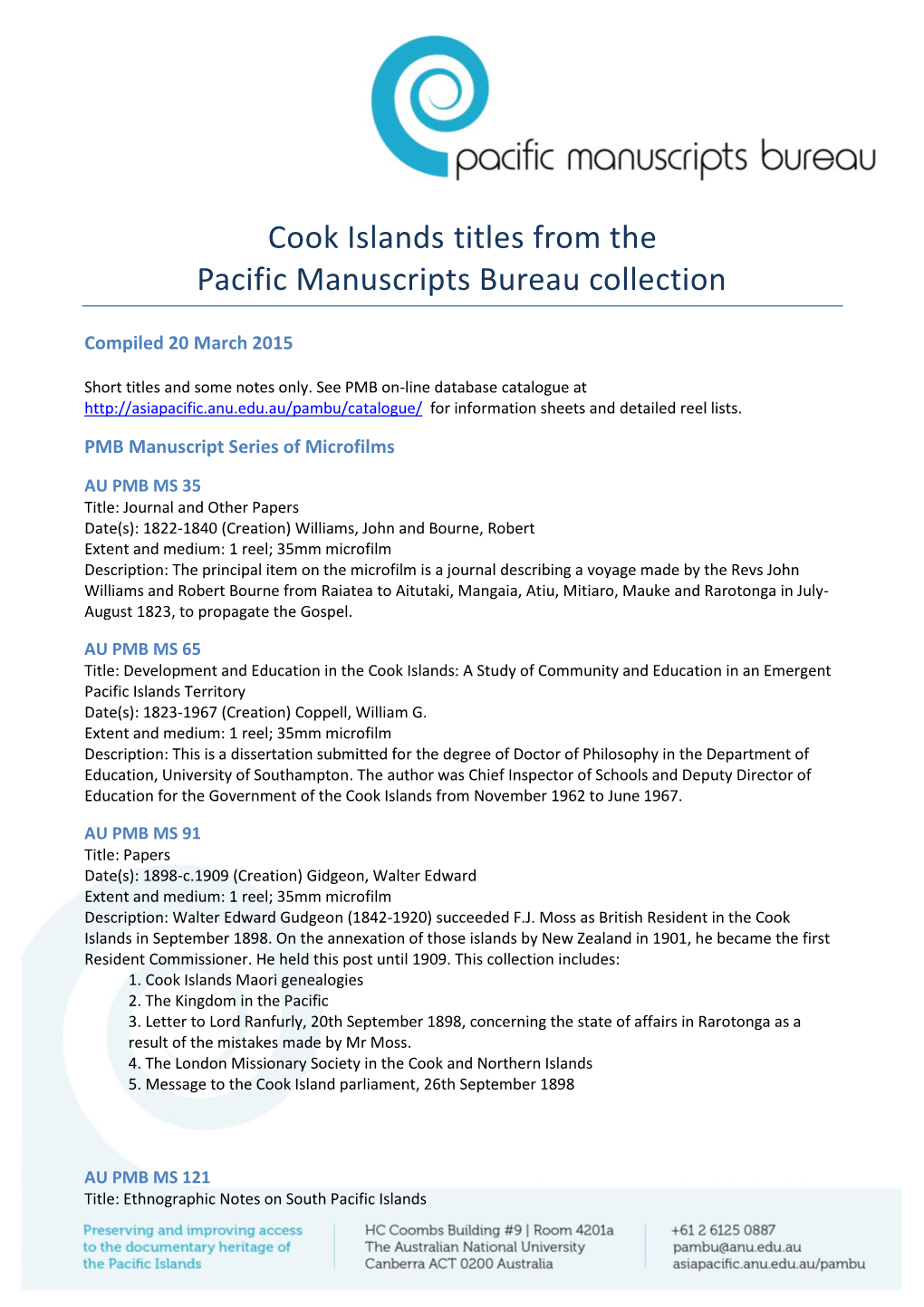 PMB Cook Islands Manuscripts Finding Aid (March 2015)