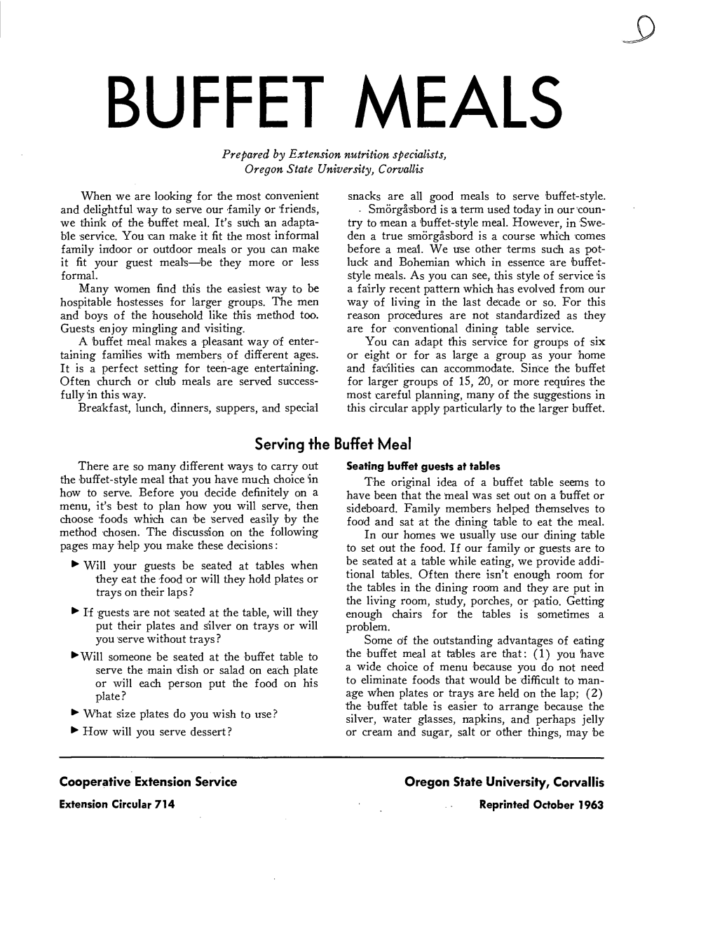 BUFFET MEALS Prepared by Extension Nutrition Specialists, Oregon State University, Corvallis