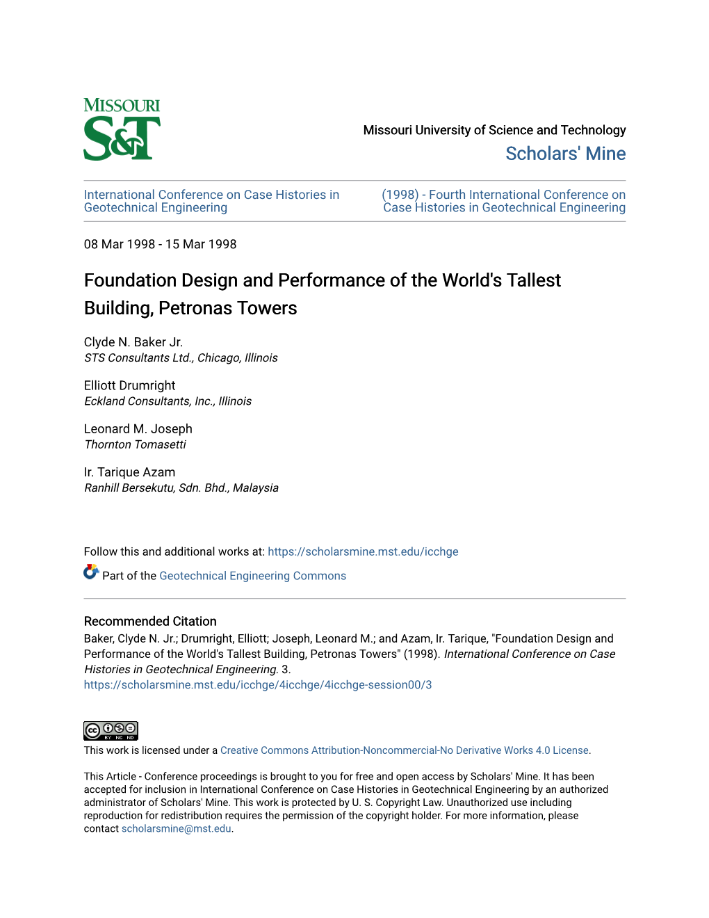 Foundation Design and Performance of the World's Tallest Building, Petronas Towers
