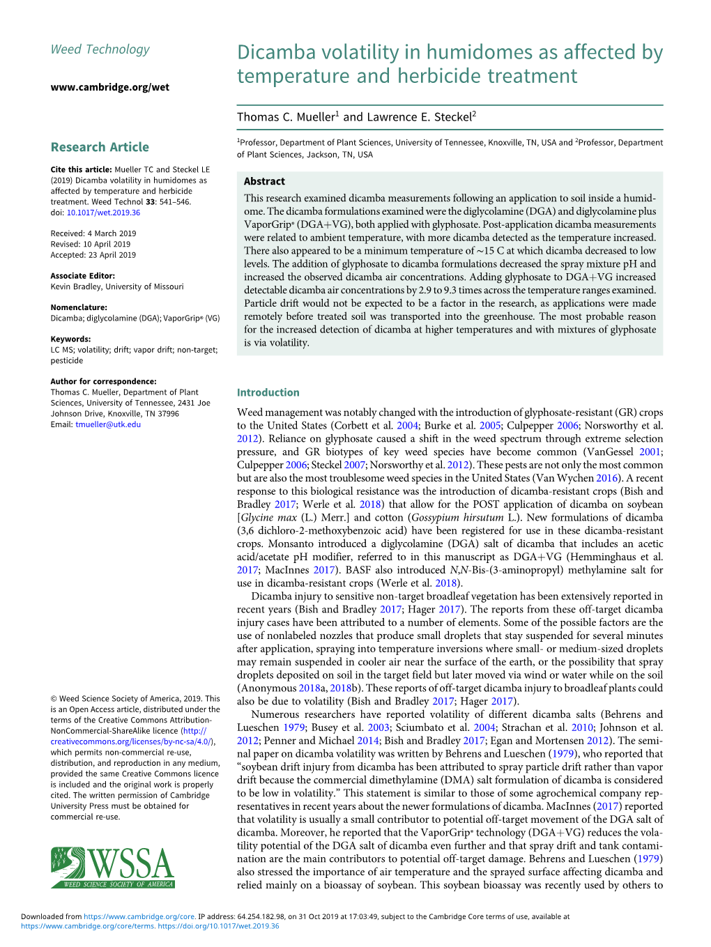 Dicamba Volatility in Humidomes As Affected by Temperature And