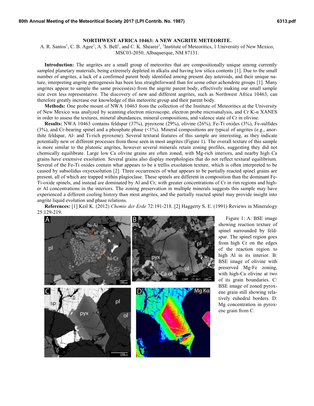 NORTHWEST AFRICA 10463: a NEW ANGRITE METEORITE. A. R. Santos1, C