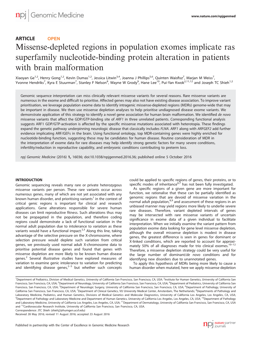 Missense-Depleted Regions in Population Exomes Implicate Ras Superfamily Nucleotide-Binding Protein Alteration in Patients with Brain Malformation