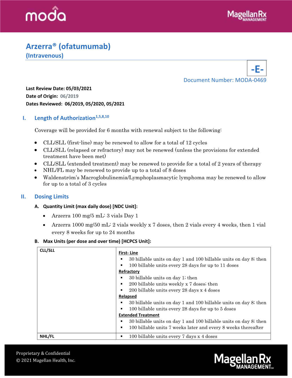 Arzerra® (Ofatumumab) (Intravenous) -E- Document Number: MODA-0469 Last Review Date: 05/03/2021 Date of Origin: 06/2019 Dates Reviewed: 06/2019, 05/2020, 05/2021