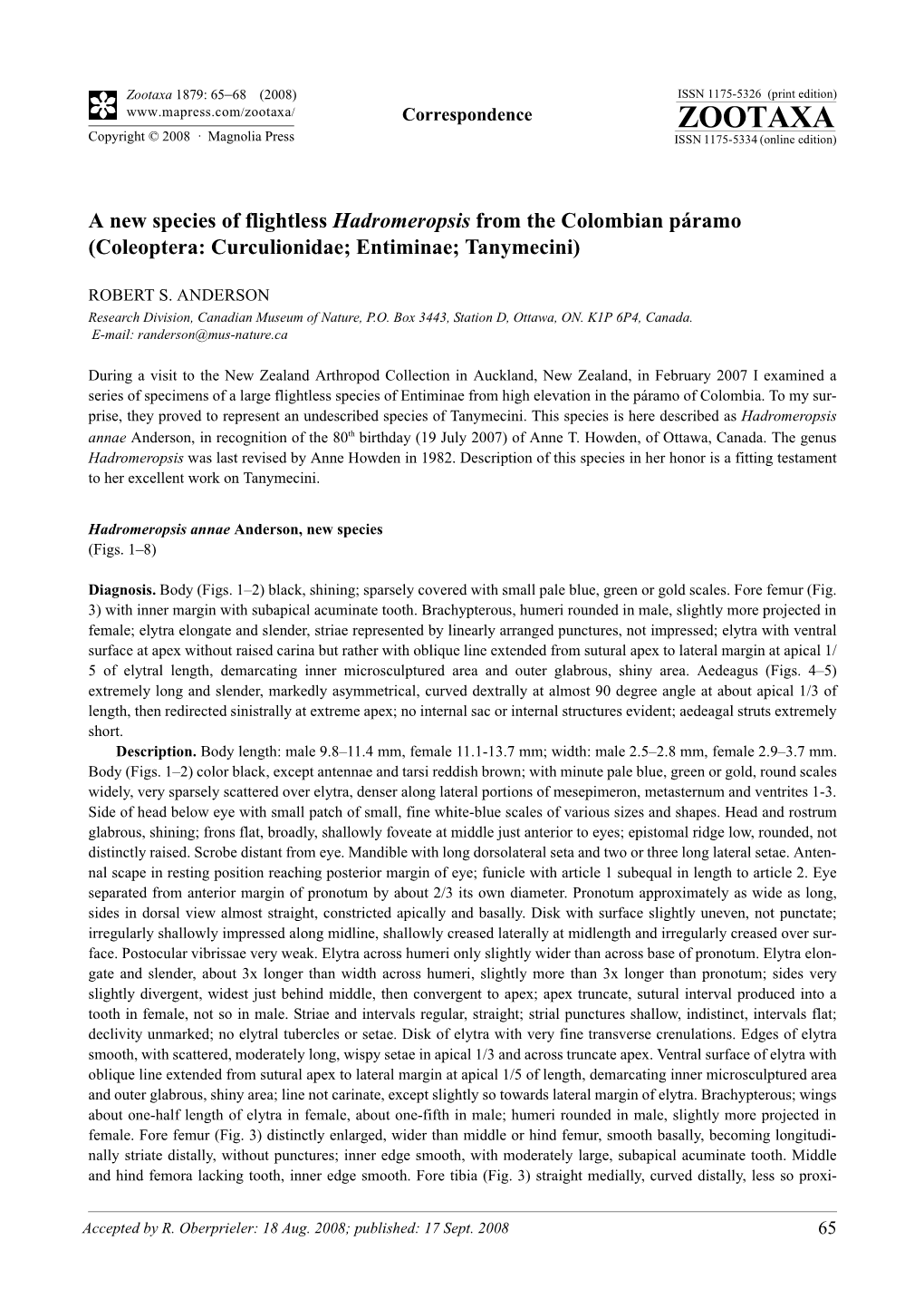 Zootaxa, a New Species of Flightless Hadromeropsis from the Colombian