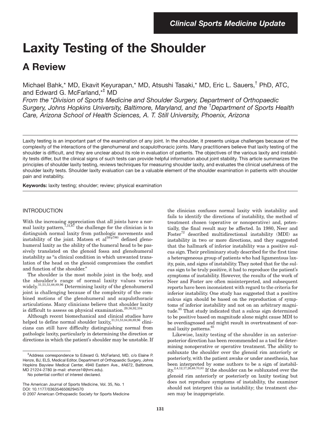 Laxity Testing of the Shoulder a Review