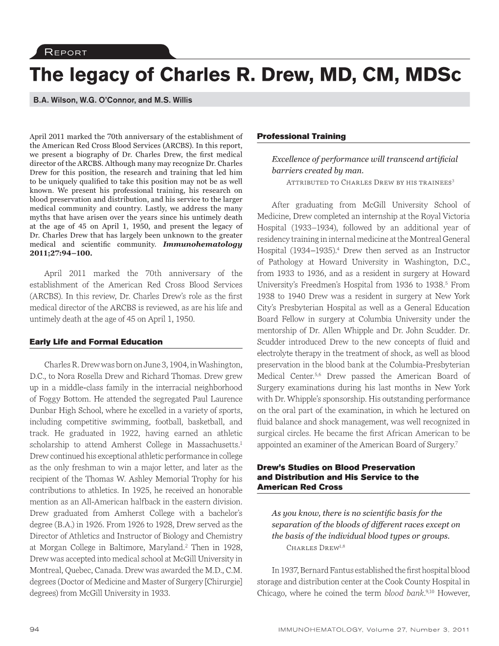 The Legacy of Charles R. Drew, MD, CM, Mdsc