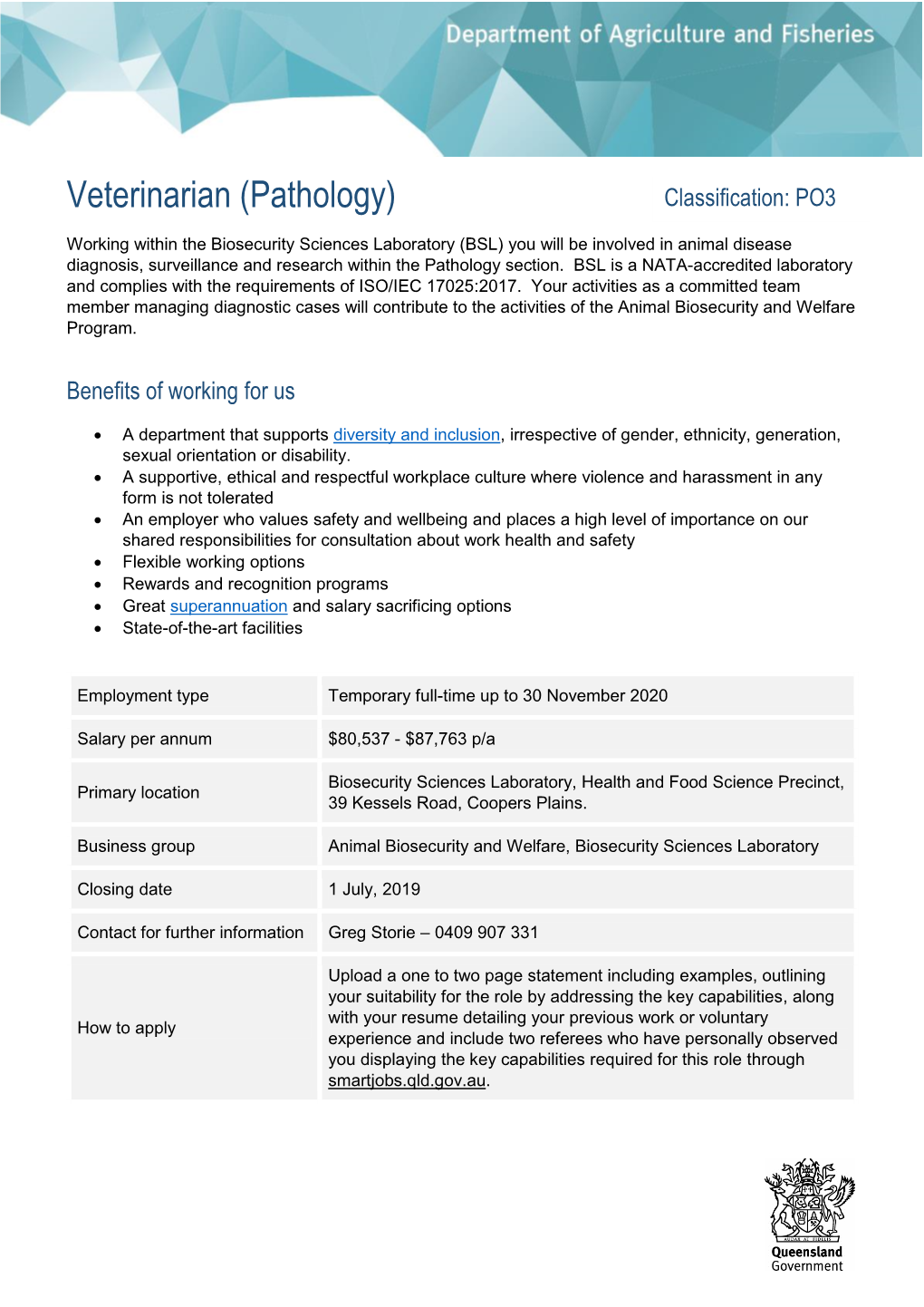 Veterinarian (Pathology) Classification: PO3